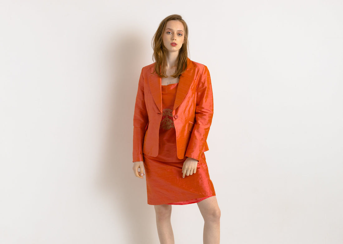 90s Vintage All in One Woman Orange Silk Mini Dress and Long Sleeves Blazer Jacket size S Small/ Vintage Woman Clothing