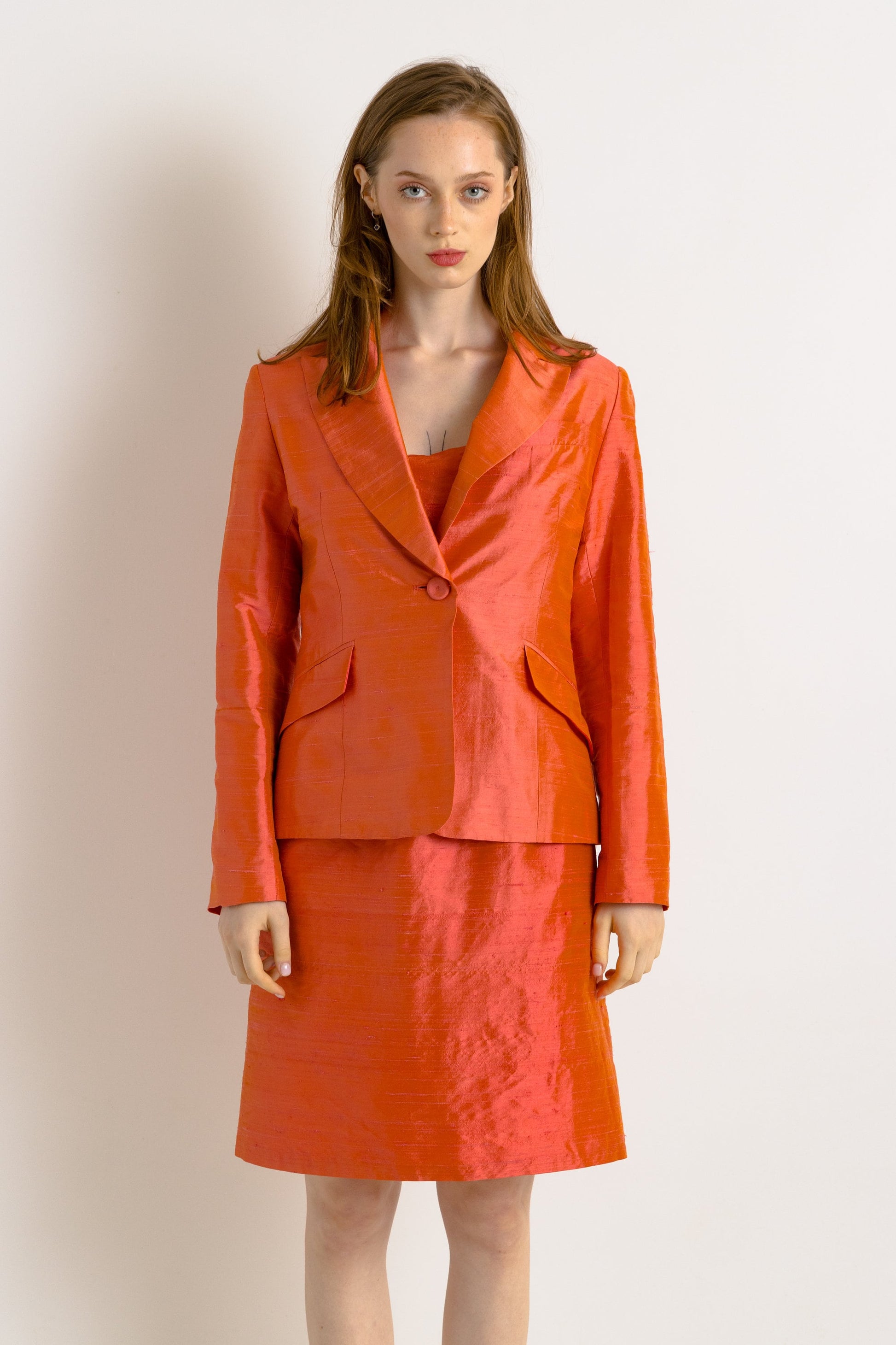 90s Vintage All in One Woman Orange Silk Mini Dress and Long Sleeves Blazer Jacket size S Small/ Vintage Woman Clothing