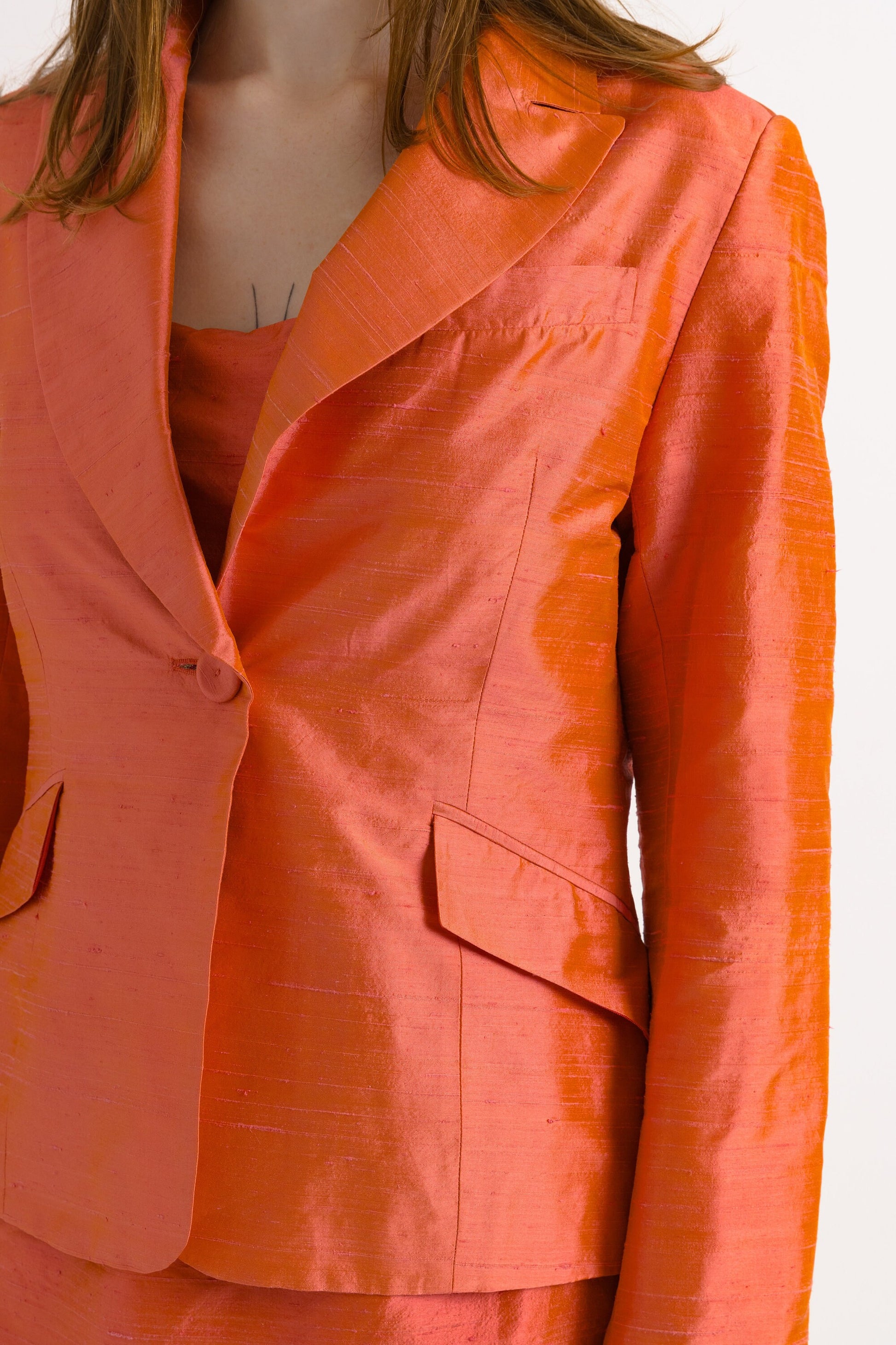 90s Vintage All in One Woman Orange Silk Mini Dress and Long Sleeves Blazer Jacket size S Small/ Vintage Woman Clothing