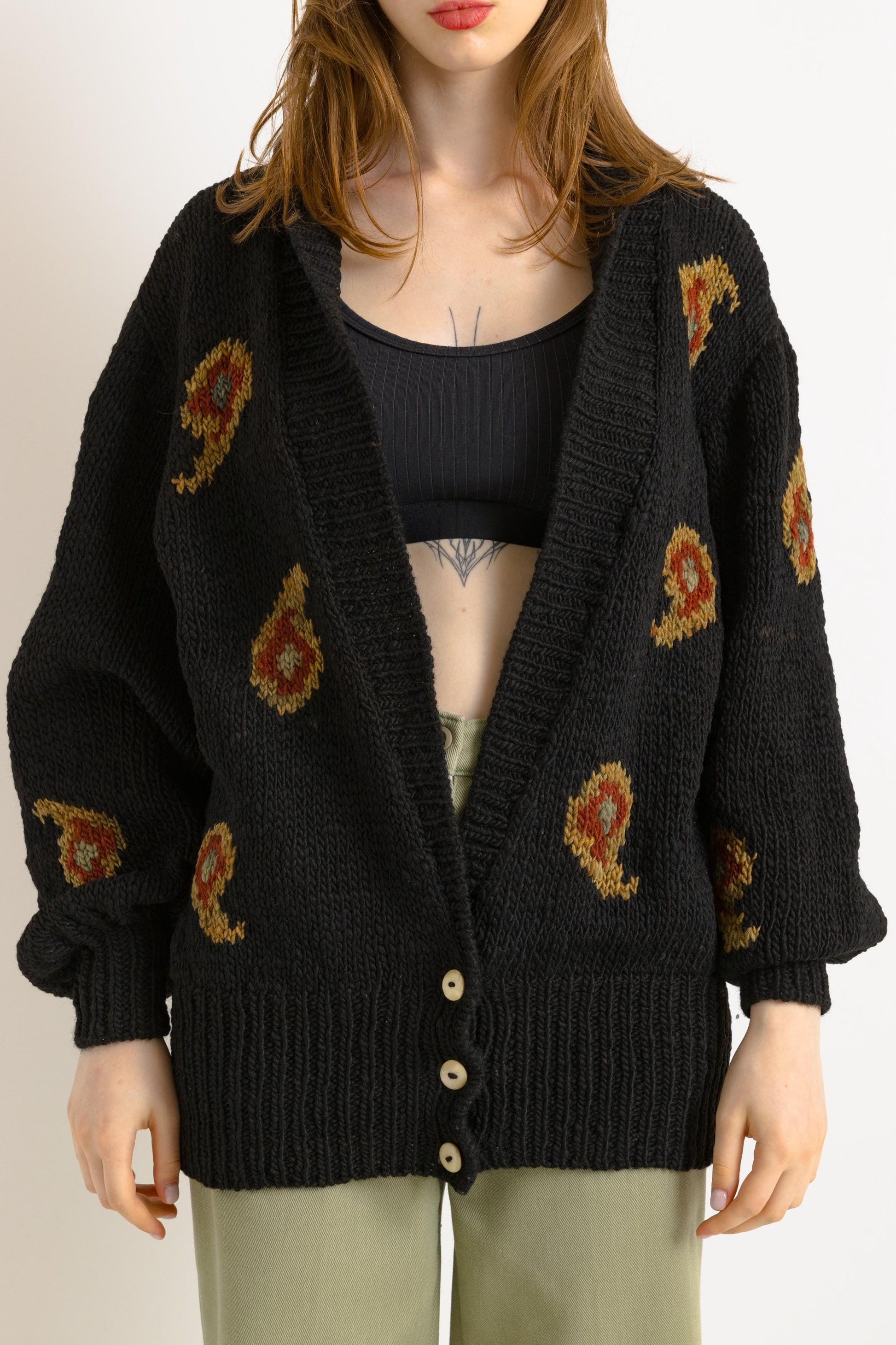 Vintage 70s hand knitted Uruaguai wool patterned sweater One size/ Wool Hand Made Warm Thick Sweater Small/ Medium Ornament Cardigan