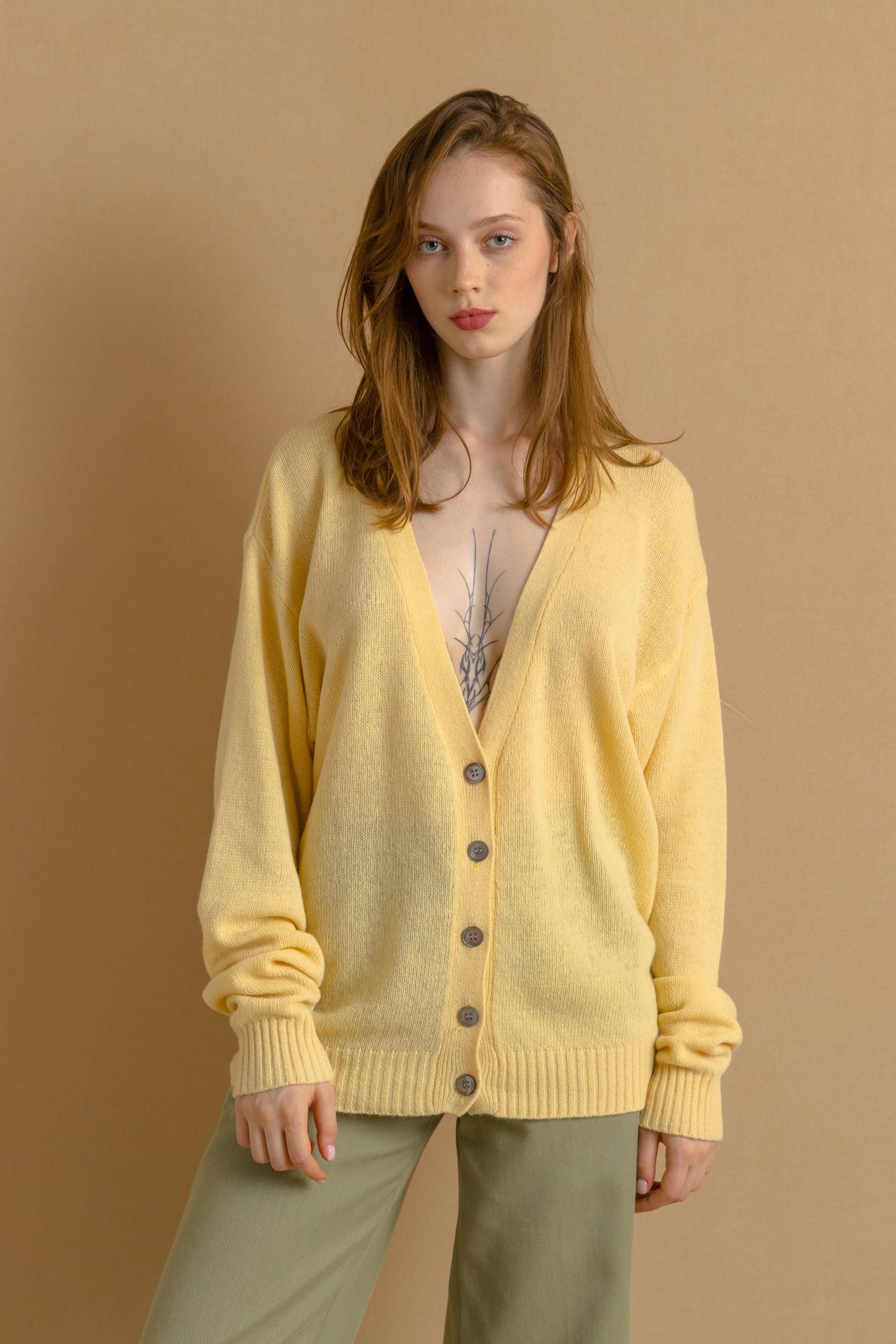 80s Vintage Yellow Casual V Neck Wool Knitted Sweater Jumper Buttons Up Cardigan Present Womans Wear Vintage Clothes Size Large