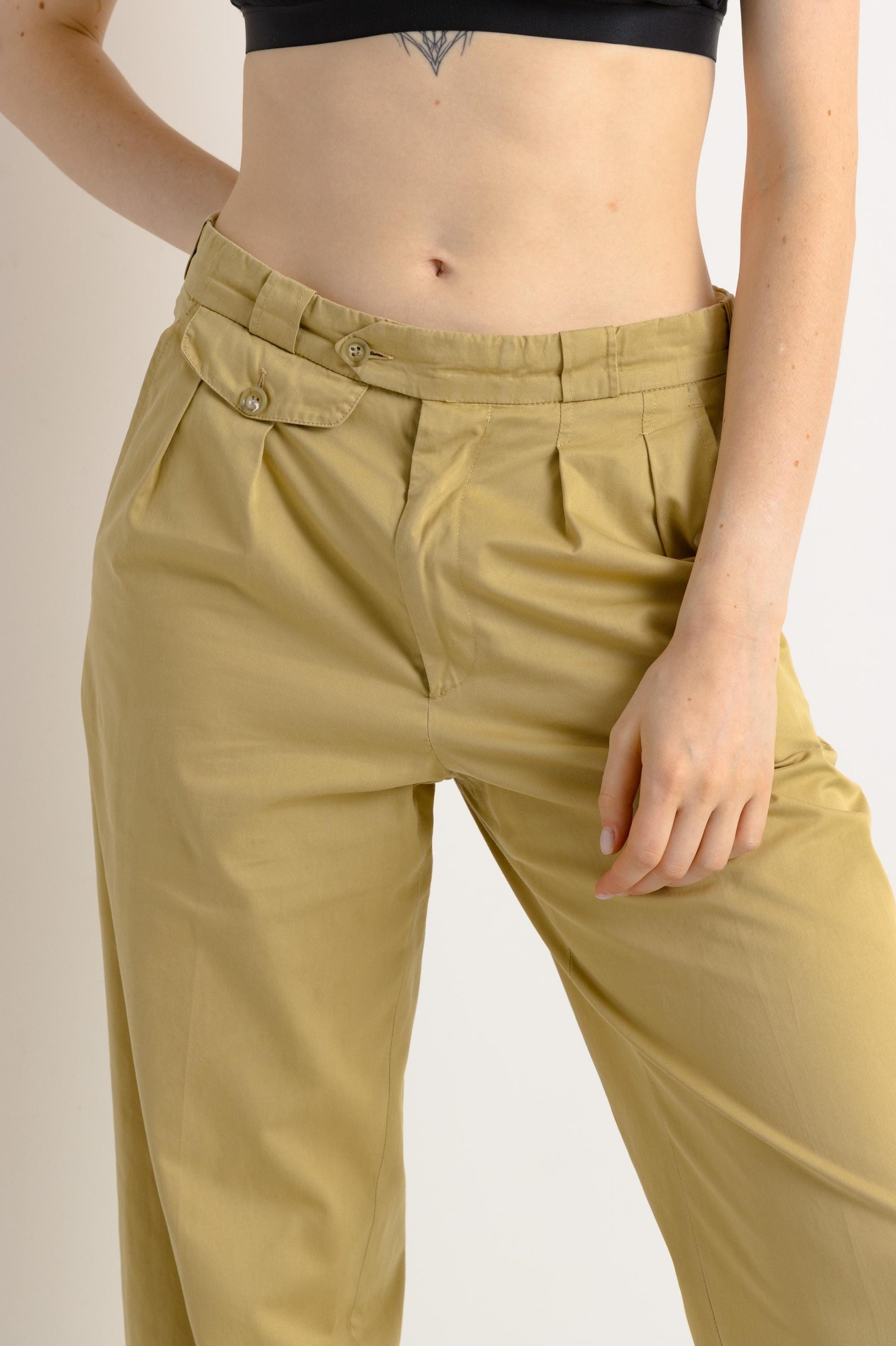 Beige Cargo Pants for Women, Cotton Straight Pull On Women Urban Trousers with Pockets, made in France Pants for Women