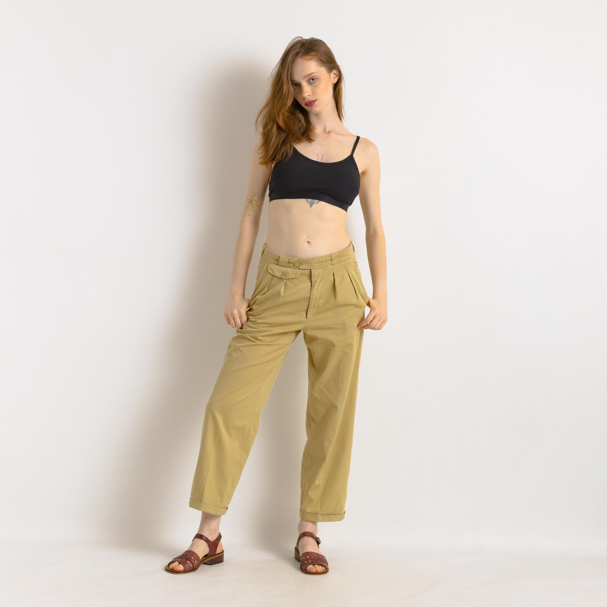 Beige Cargo Pants for Women, Cotton Straight Pull On Women Urban Trousers with Pockets, made in France Pants for Women