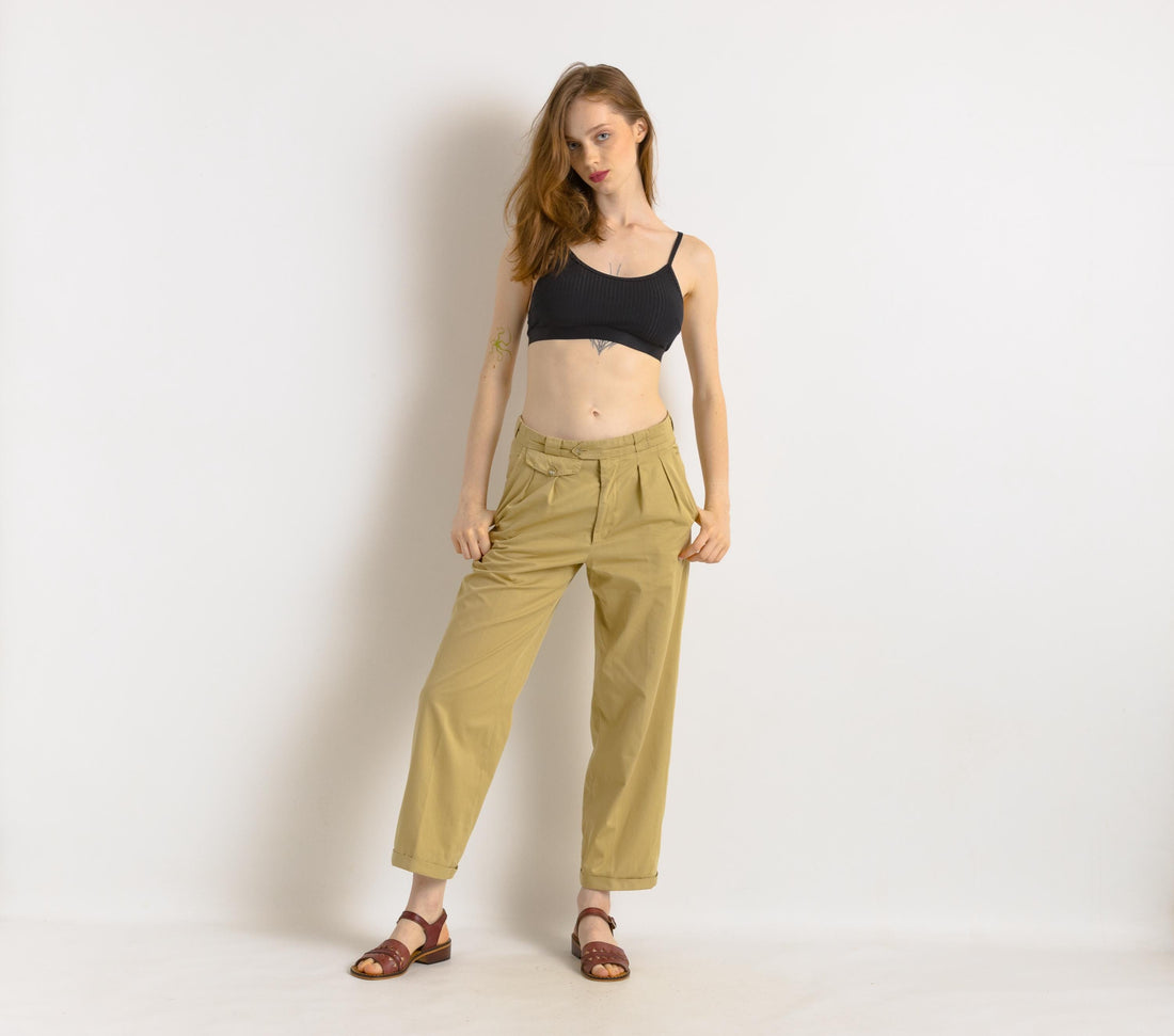 Beige Cargo Pants for Women, Cotton Straight Pull On Women Urban Trousers with Pockets, made in France Pants for Women