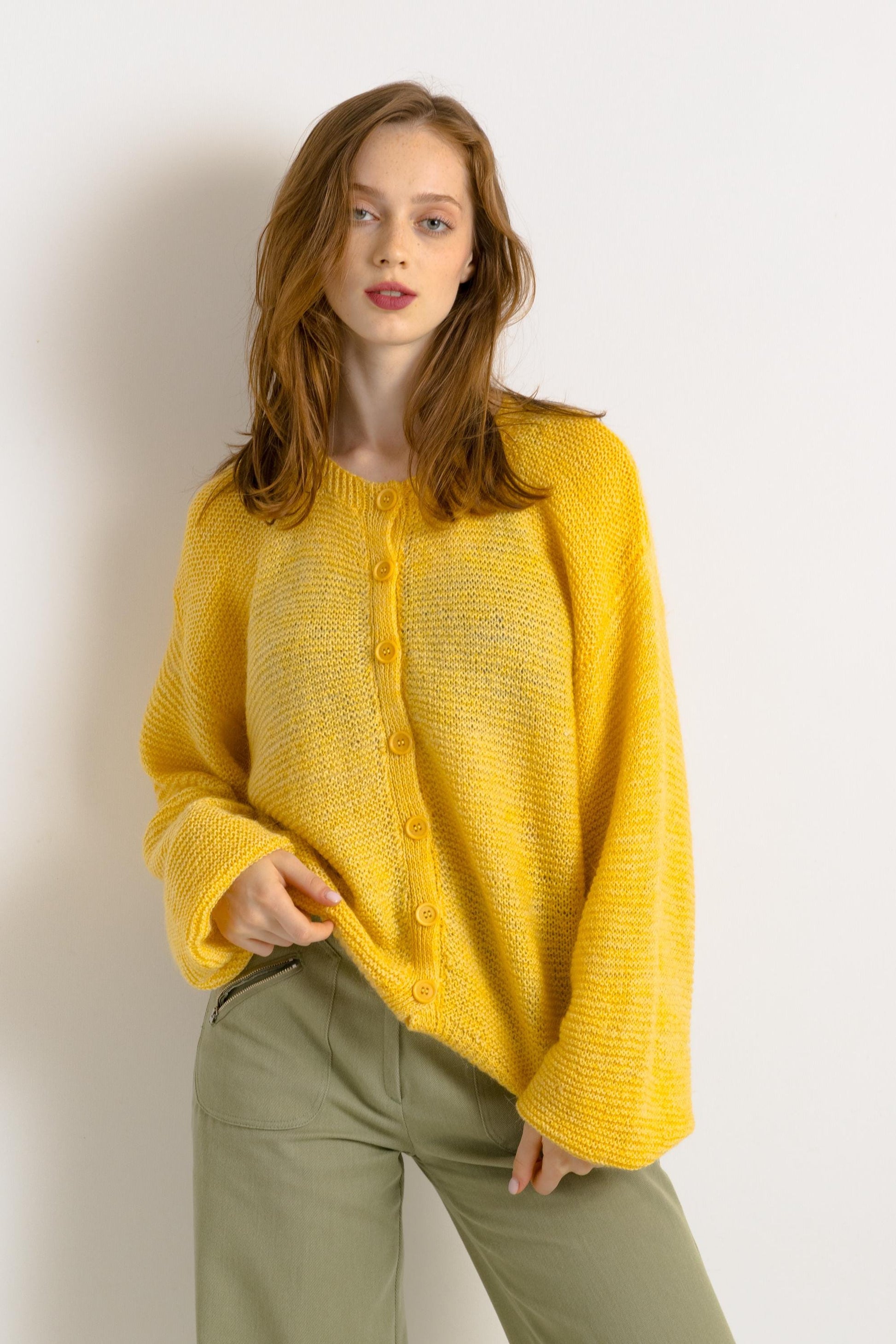 Vintage 1980s Yellow Wool Blend Crew-Neck Cardigan | Medium Large Womenswear Preloved Clothing Buttons Up Jacket