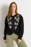 Unique Lovely Black with Flowers Vintage Cardigan PopCorn Embroidered Knitted Jacket Folk Cardigan Wool Retro Hand Knit Austrian