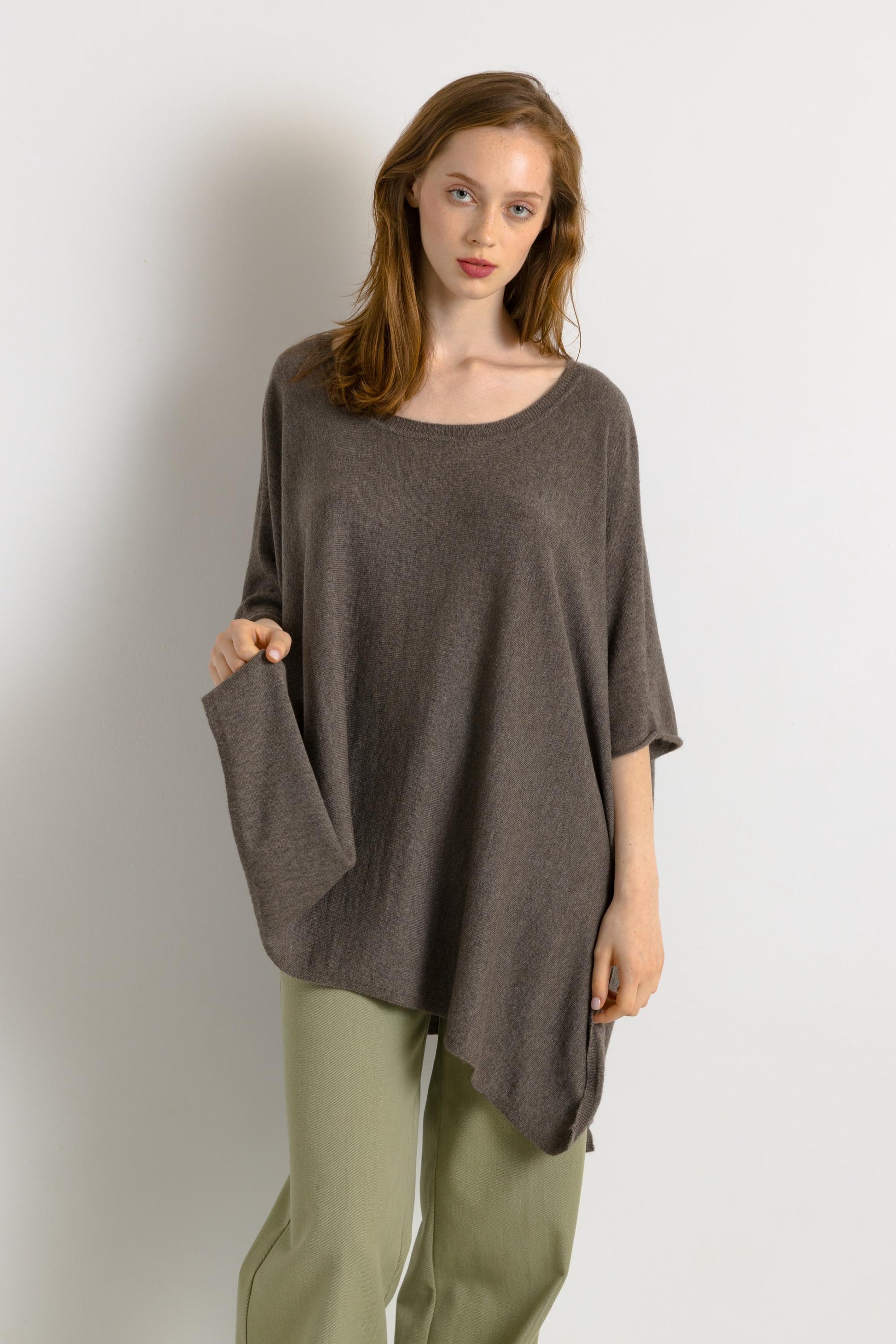 Brown Cashmere and Wool Woman Poncho Short Sleeved Jumper Top Womenswear