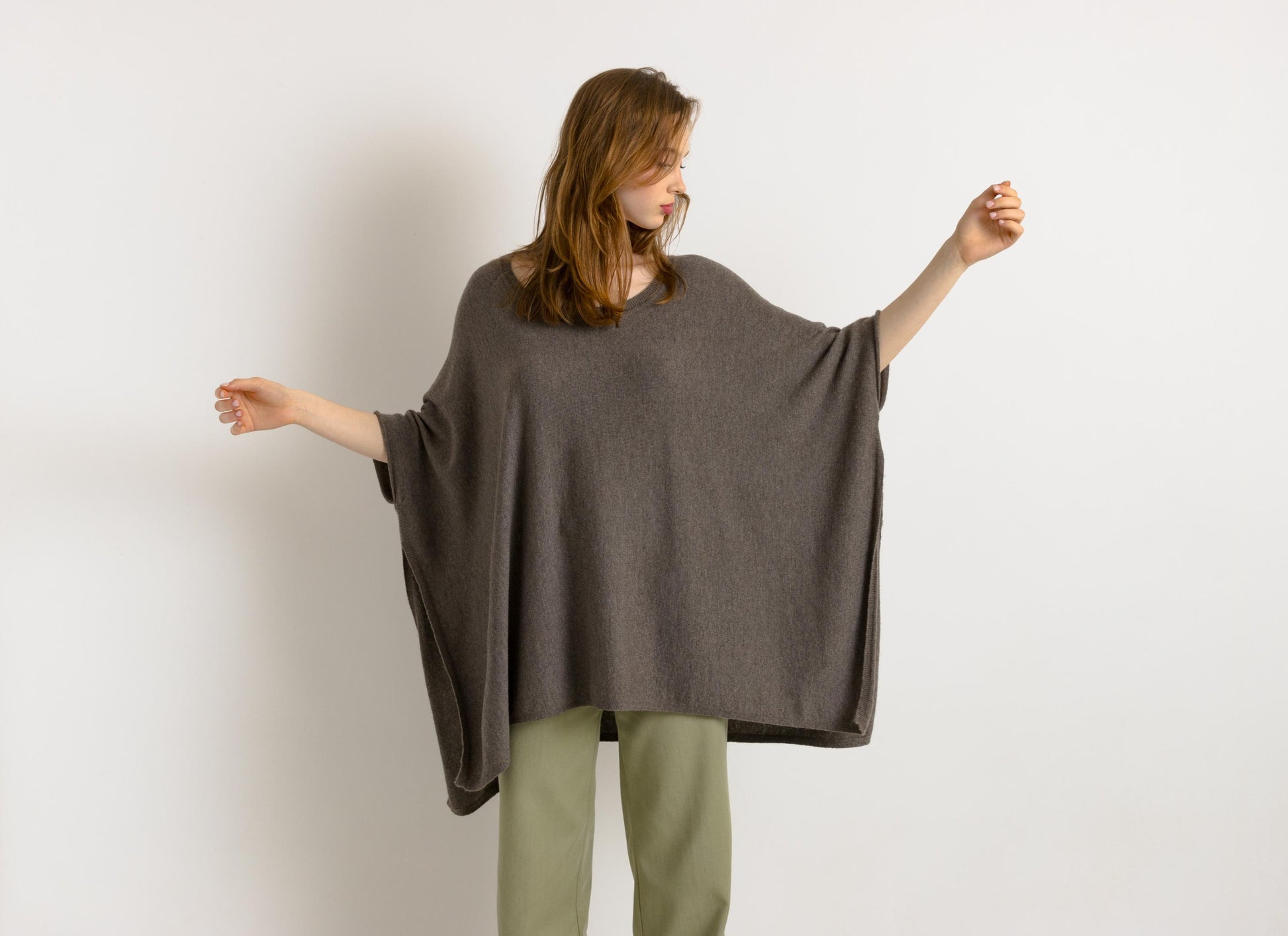 Brown Cashmere and Wool Woman Poncho Short Sleeved Jumper Top Womenswear