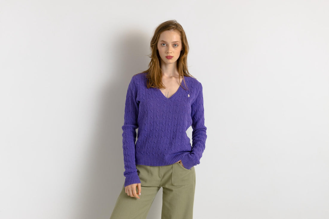 Ralph Lauren Sweater Purple Polo Sweater Knitted Wool Knit Pullover Jumper V Neck Plain Retro Basic Vintage 90s Womens Xlarge