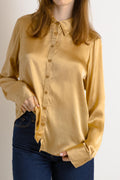 80s Vintage Silk Blouse, Vintage Gold Oversized Long Sleeve Silk Top, Gold Silk Blouse, Oversized Button Up