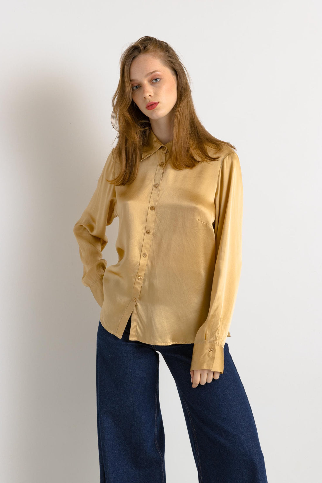 80s Vintage Silk Blouse, Vintage Gold Oversized Long Sleeve Silk Top, Gold Silk Blouse, Oversized Button Up