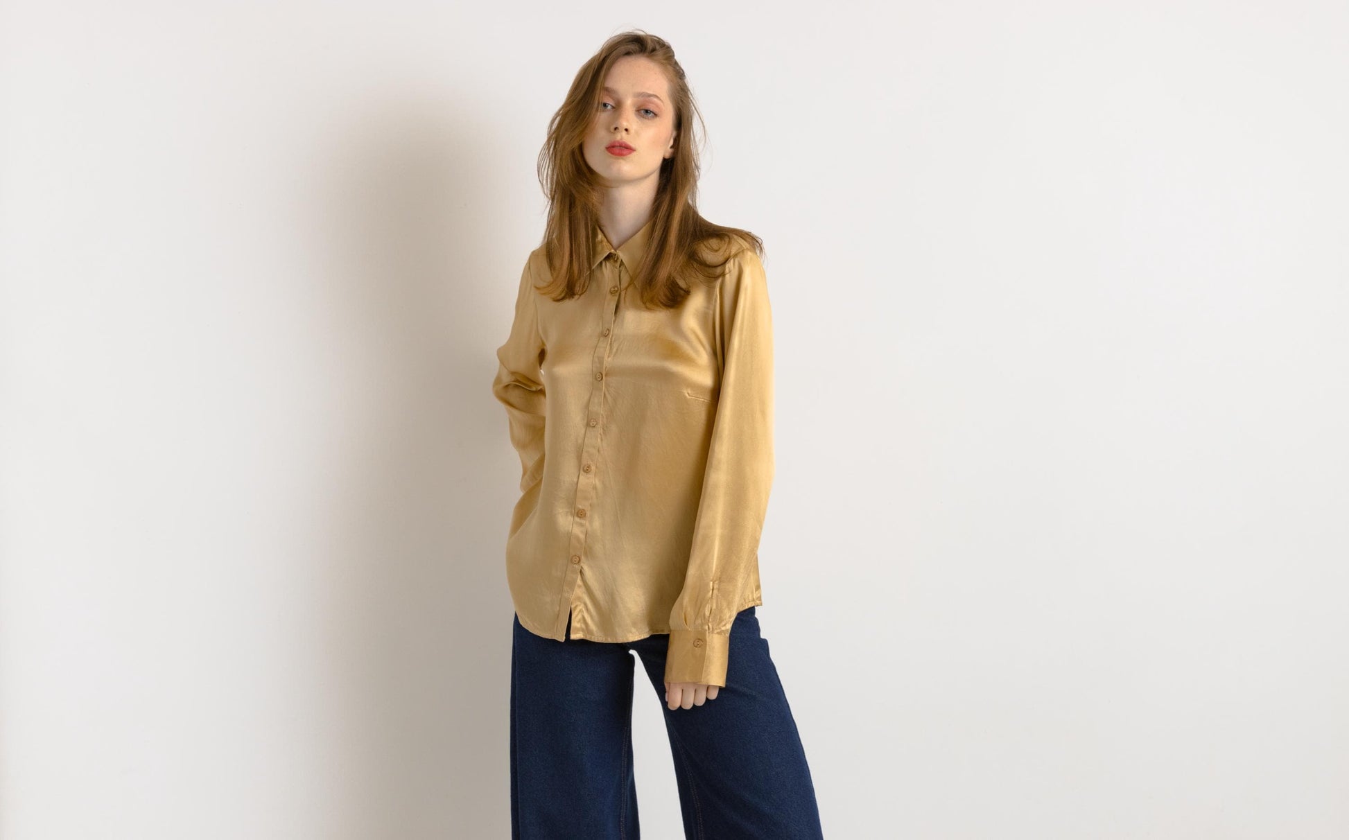 80s Vintage Silk Blouse, Vintage Gold Oversized Long Sleeve Silk Top, Gold Silk Blouse, Oversized Button Up