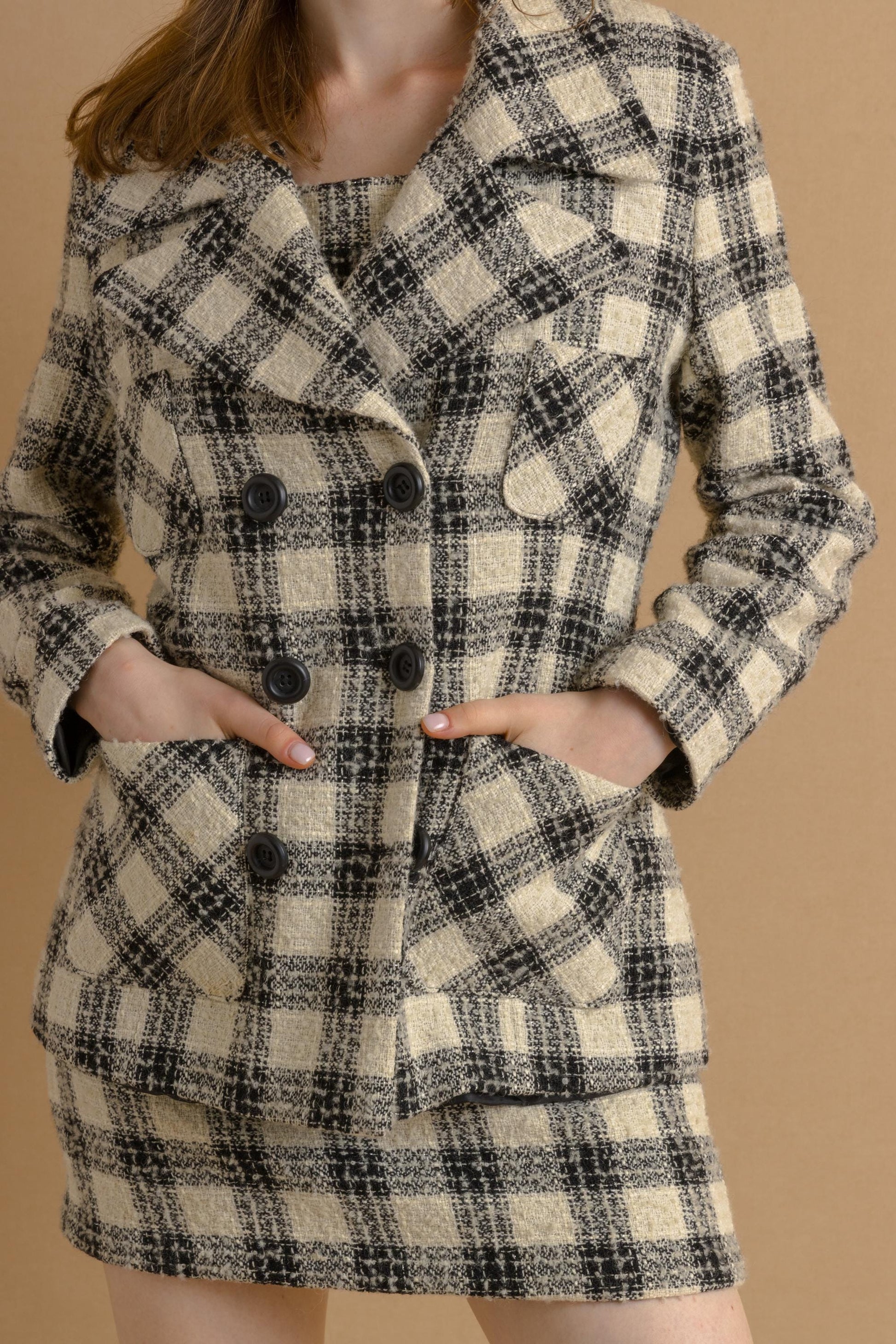 80s Vintage All in One Woman Black Checked Suit Pencil Dress and Long Sleeves Blazer size Small/ Vintage Woman Clothing