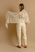 Vintage antique knit shawl - Victorian winter bridal lace white crochet wrap, 26 x 86.7 inch / 66 x 220 cm