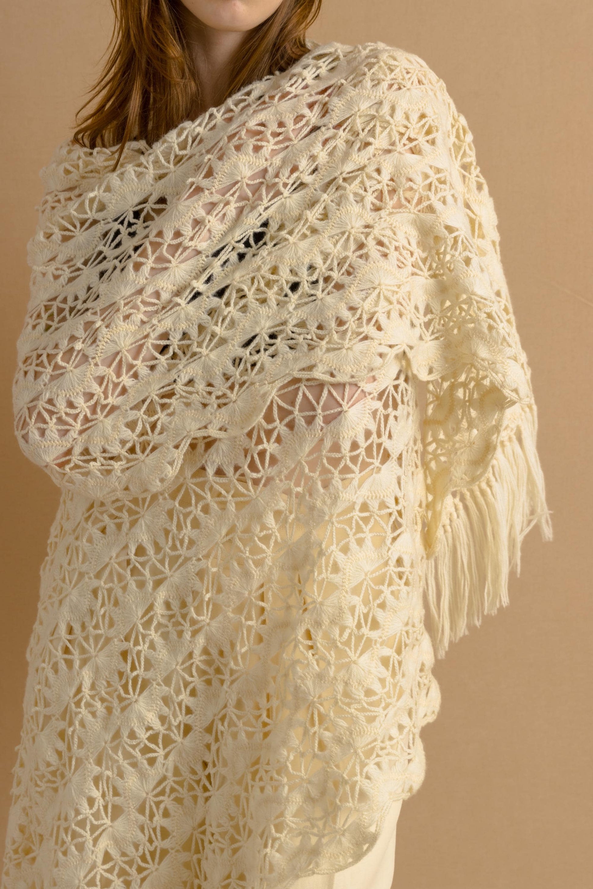 Vintage antique knit shawl - Victorian winter bridal lace white crochet wrap, 26 x 86.7 inch / 66 x 220 cm