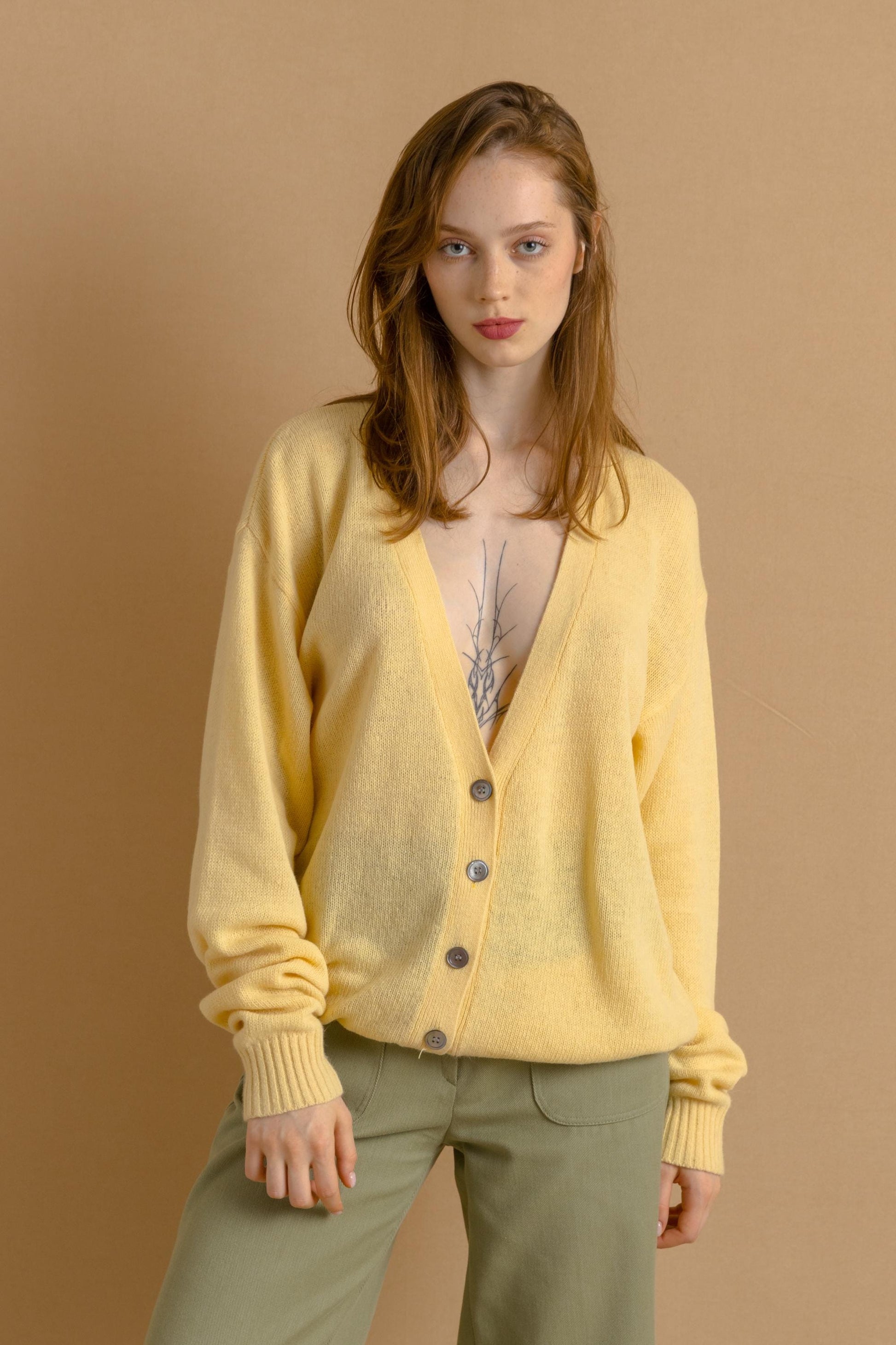 80s Vintage Yellow Casual V Neck Wool Knitted Sweater Jumper Buttons Up Cardigan Present Womans Wear Vintage Clothes Size Large