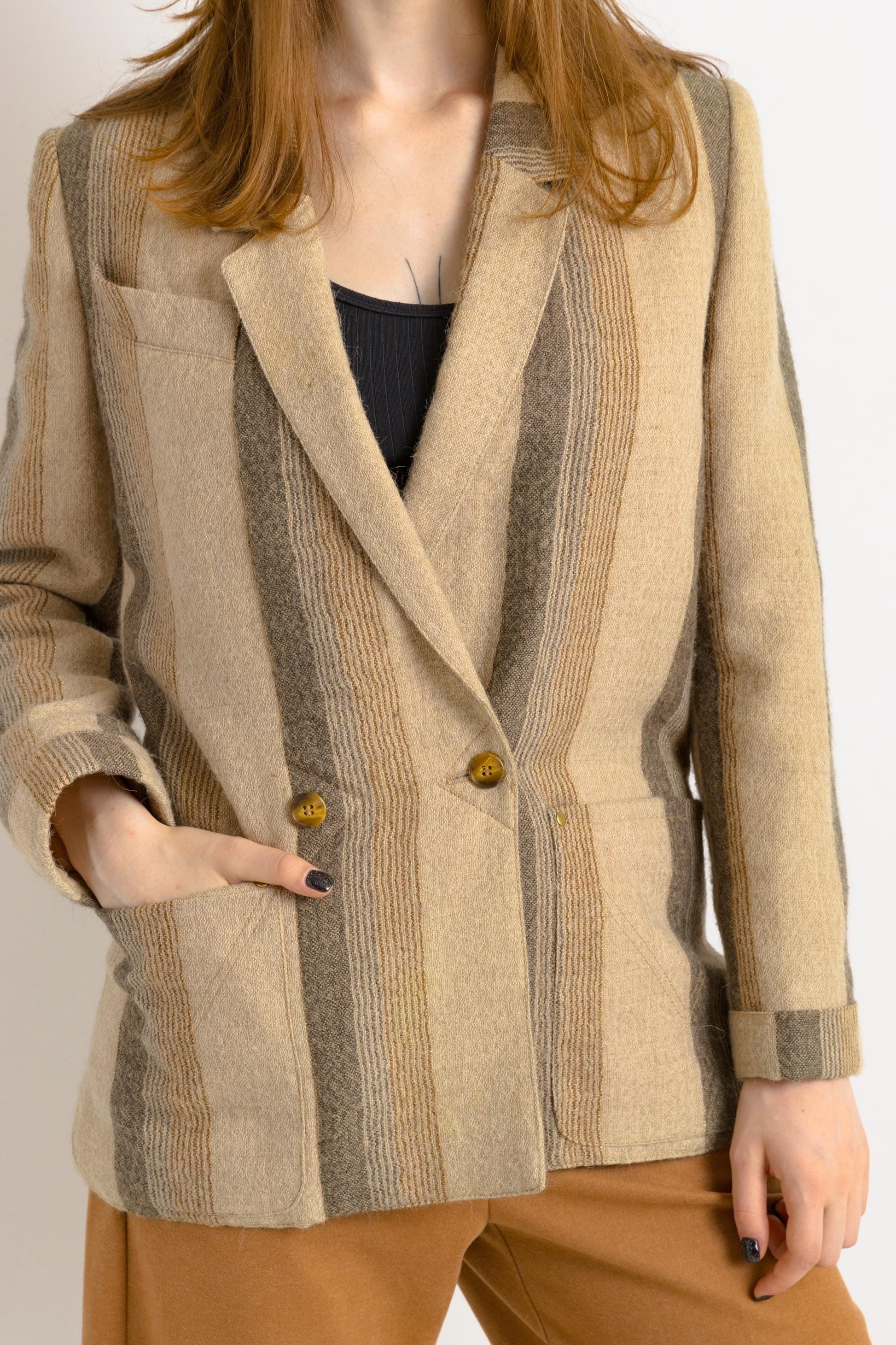 Striped Wool Jacket /Vintage 80's Button Wool Pocket Blazer - Size Small/ Vintage Woman Wool Blazer/ Woman Jacket 80s Vintage