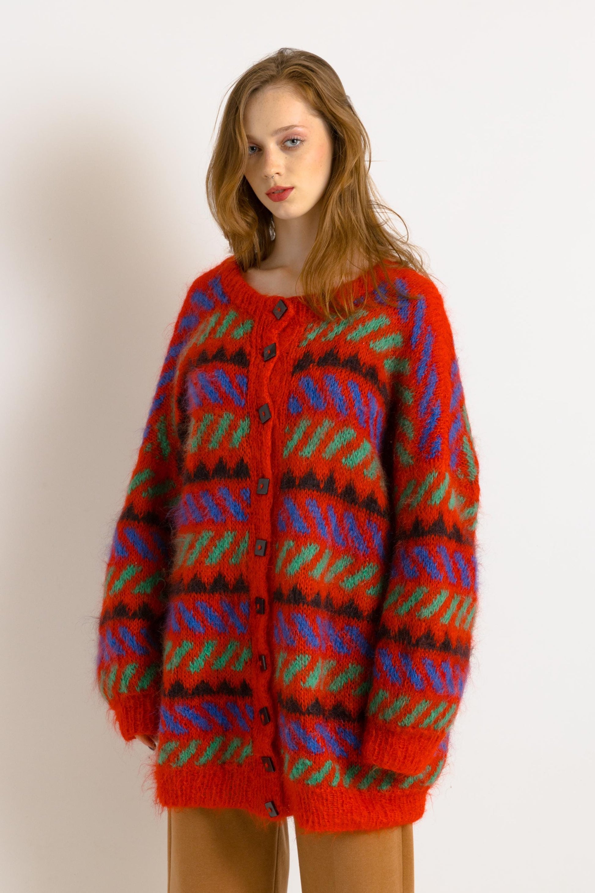 80s Vintage Mohair Handknitted Cozy Multicolor Wool Buttons Up Cardigan Jumper Top Sweater Size M/ Vintage Woman Wool Jumper