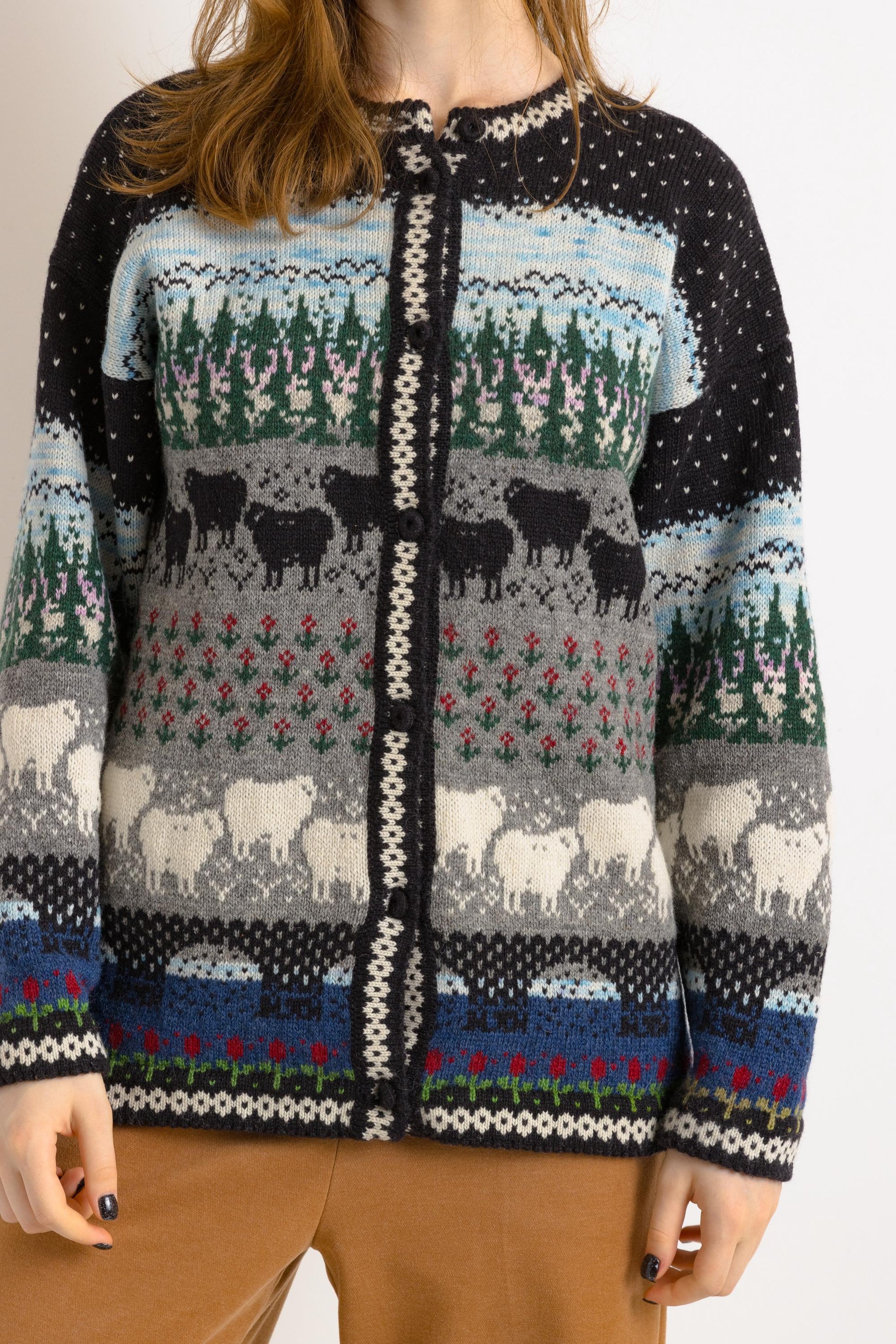 Family Farm Cardigans | Vintage 70s Wool Sweater/ Vintage 1970s Sheep Scene Countryside Farm Tree Wool Knit Sweater, Cardigan size Small