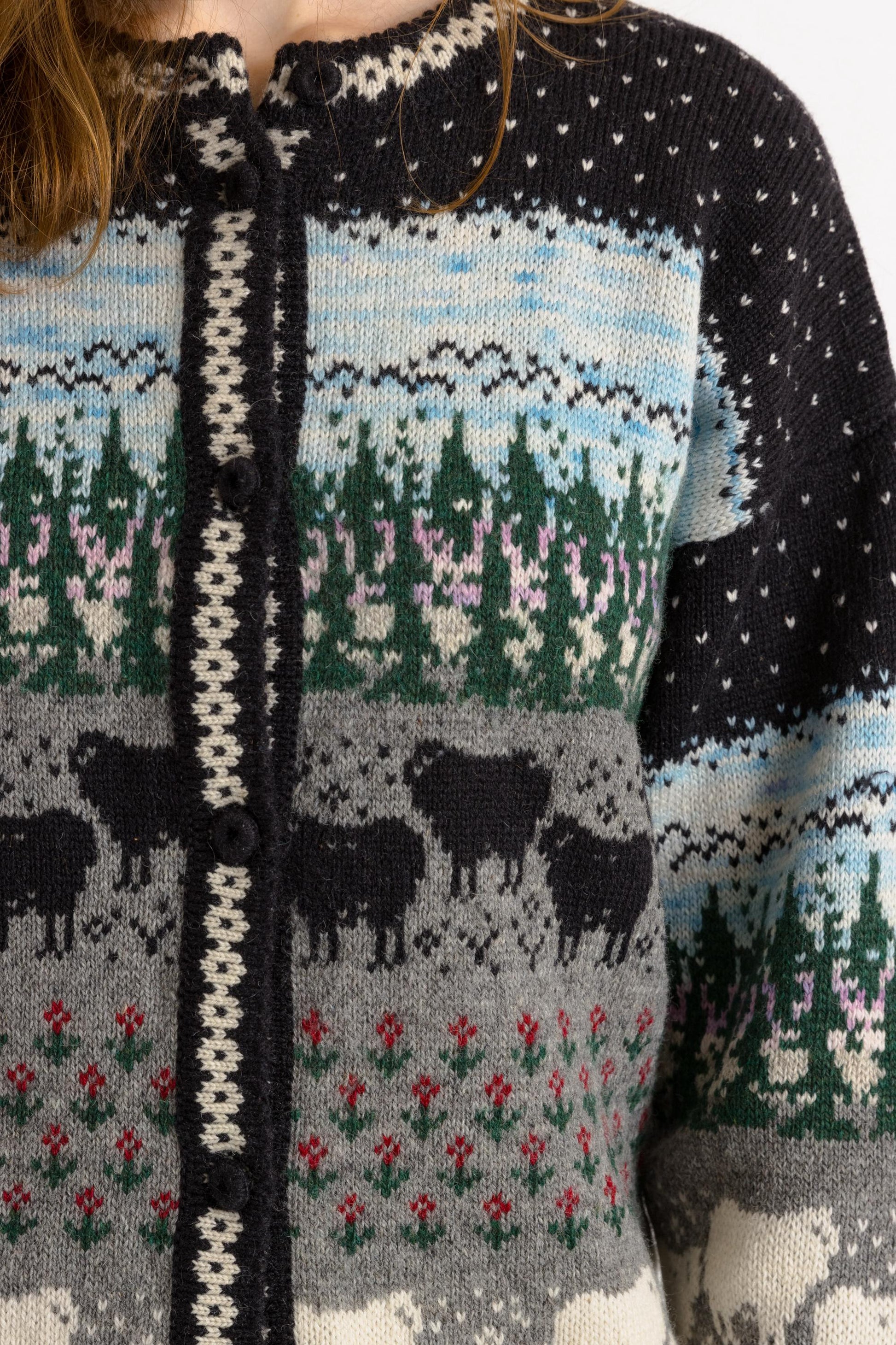 Family Farm Cardigans | Vintage 70s Wool Sweater/ Vintage 1970s Sheep Scene Countryside Farm Tree Wool Knit Sweater, Cardigan size Small