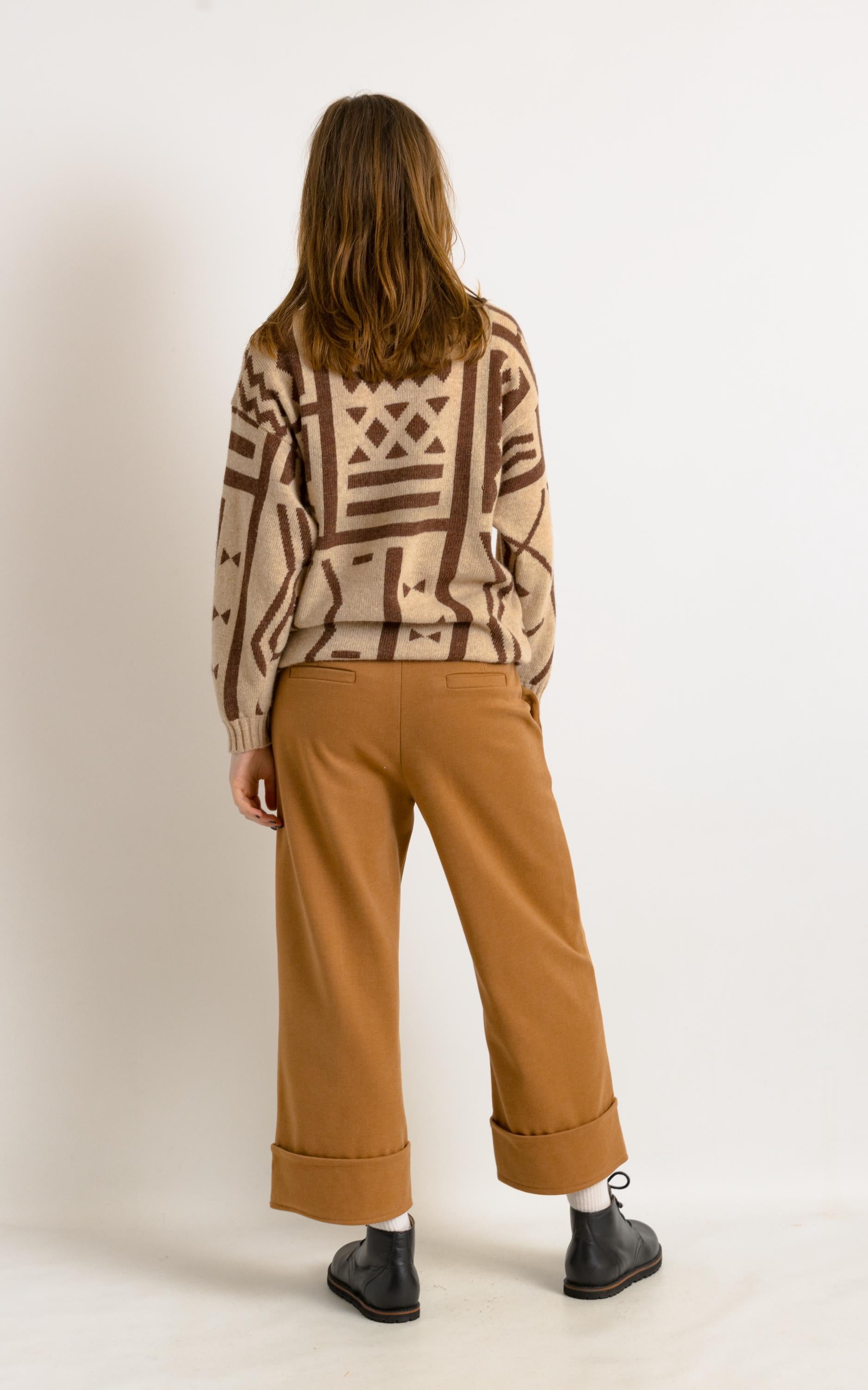 70s / 80s Italian pattern sweater, hipster beige and brown graphic pattern sweater, lambswool women's pullover, Small