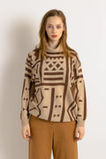 70s / 80s Italian pattern sweater, hipster beige and brown graphic pattern sweater, lambswool women's pullover, Small