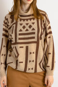 70s / 80s Italian pattern sweater, hipster beige and brown graphic pattern sweater, lambswool women's pullover, Small