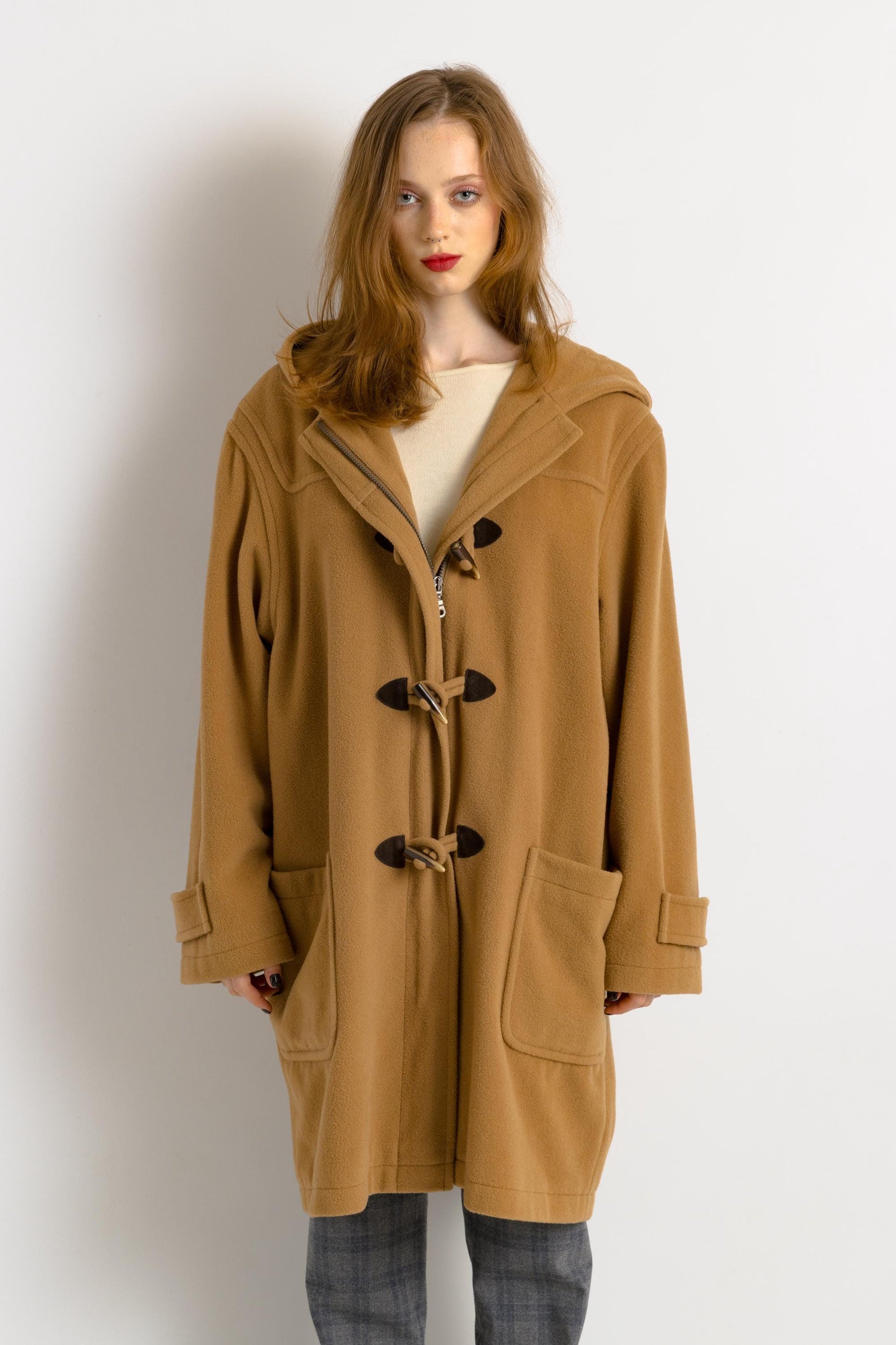 70s Vintage Vtg Rare Duster Wool Cashmere Blend Zip Buttons Up Long Sleeve Hoodie Beige Camel Coat 2534 Girlfriend Gift Present