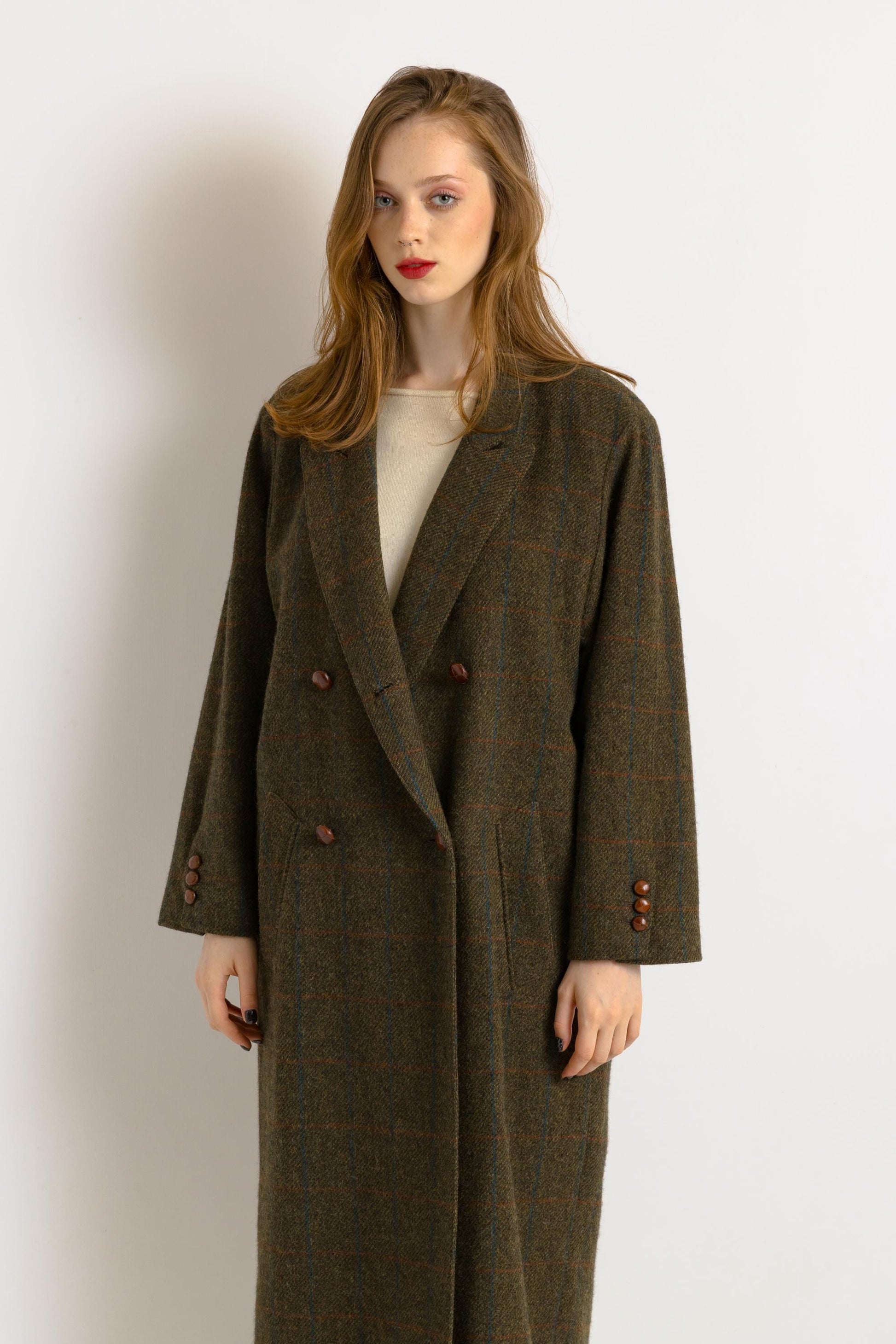 Tweed Wool Coat /Vintage 60's Button Wool Pocket Coat - Size Small 4953/ Vintage Woman Tweed Khaki Coat/ Woman Tweed Jacket 60s Vintage