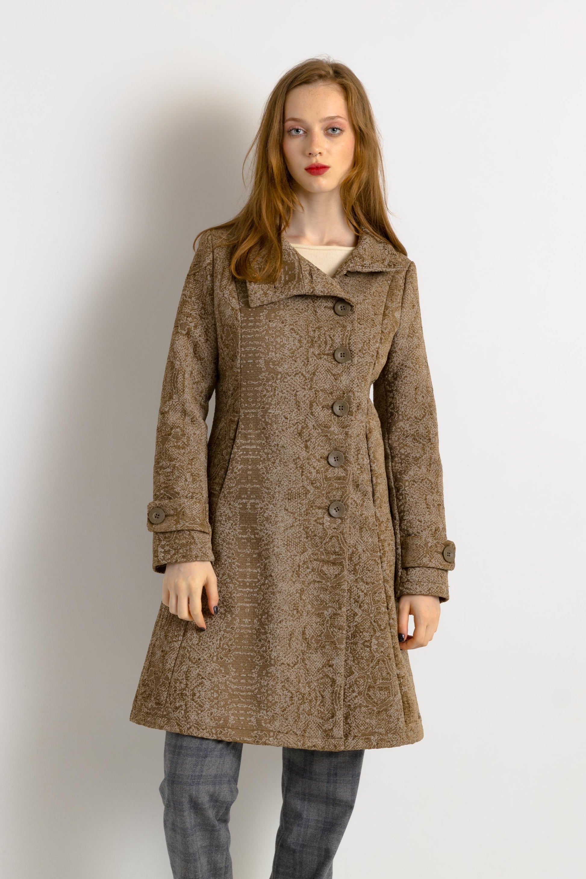 00s Desigual brown print spring autumn COAT trench fall woman outwear vegan Small