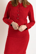 Christian Dior Boutique suit, 80s red wool high waisted pencil skirt suit with buttons, elegant Dior jacket and skirt set