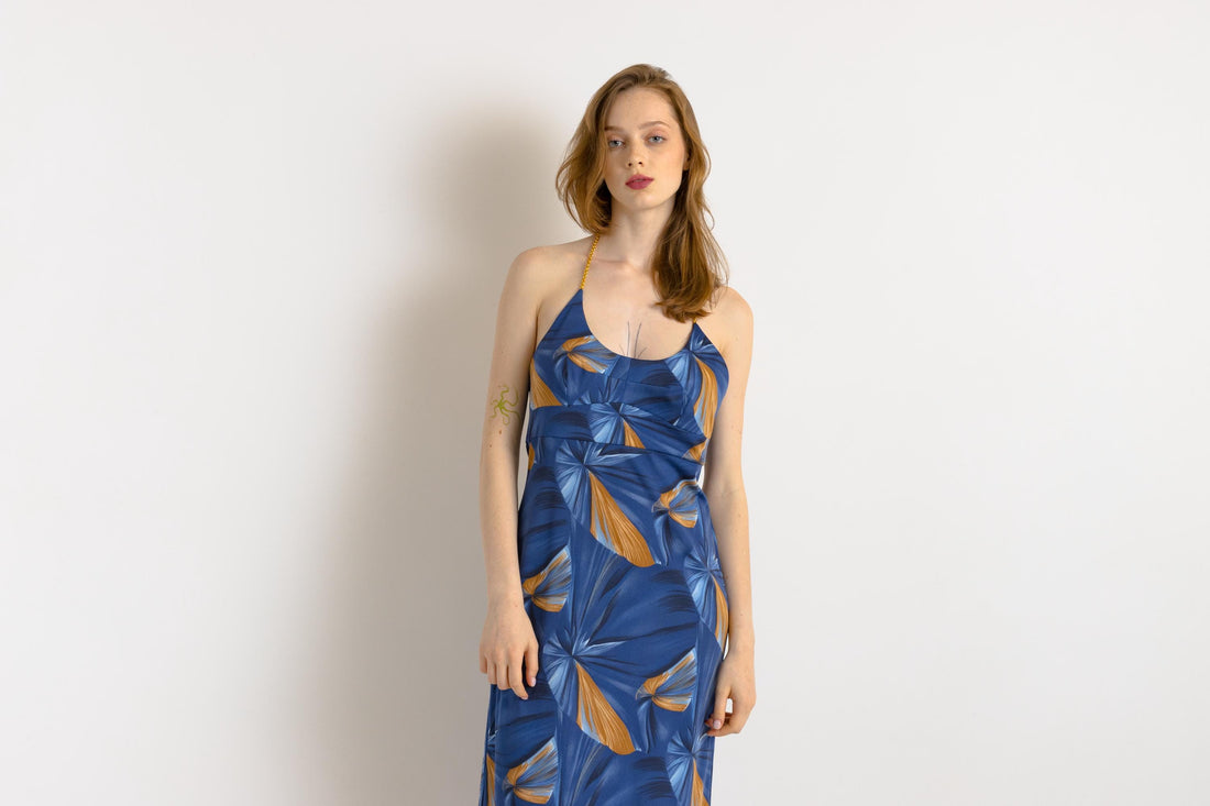 1990s D&G blue big leaves dress, golden chain accents, lingerie inspired straps / large/ pencil dress