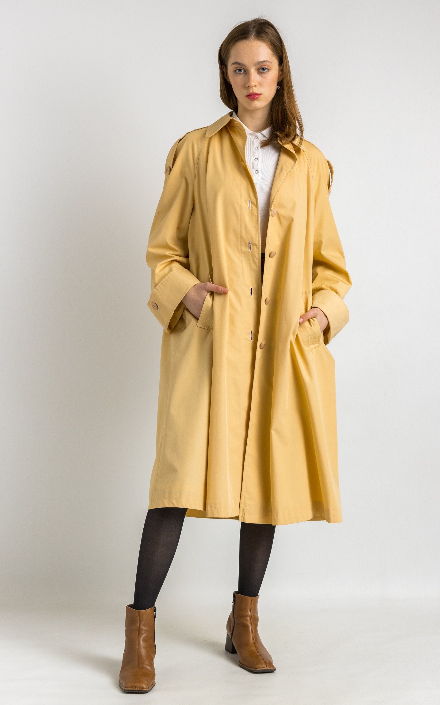 Yellow Trench Coat women vintage 80s spring coat long jacket mac coat mod outerwear lightweight long jacket vintage clothing size medium