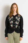 Unique Lovely Black with Flowers Vintage Cardigan PopCorn Embroidered Knitted Jacket Folk Cardigan Wool Retro Hand Knit Austrian