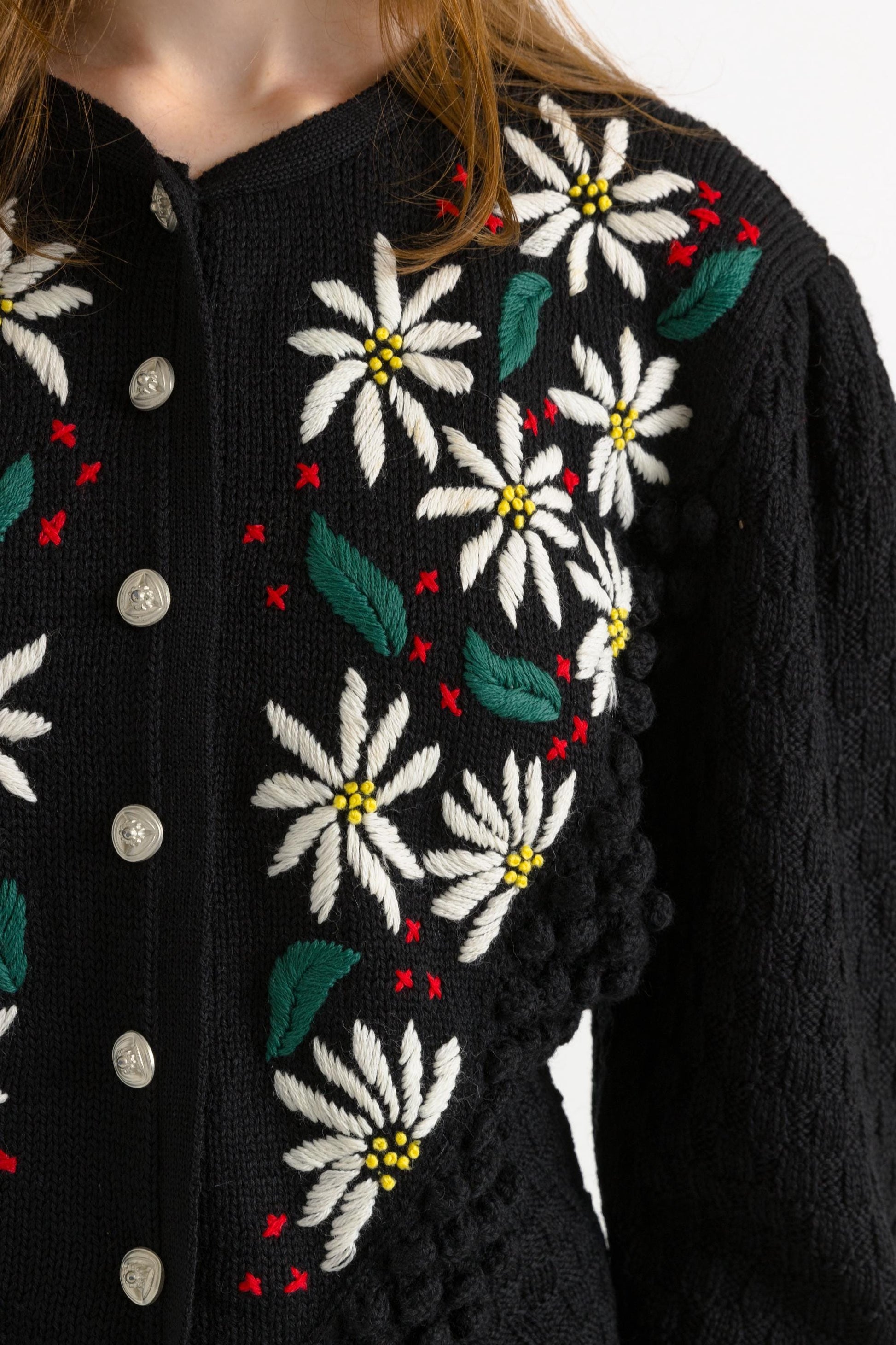 Unique Lovely Black with Flowers Vintage Cardigan PopCorn Embroidered Knitted Jacket Folk Cardigan Wool Retro Hand Knit Austrian