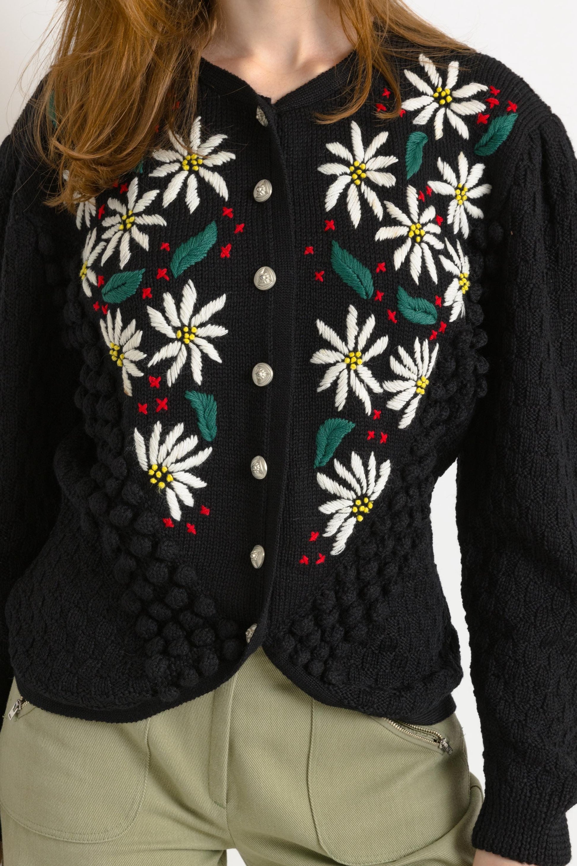 Unique Lovely Black with Flowers Vintage Cardigan PopCorn Embroidered Knitted Jacket Folk Cardigan Wool Retro Hand Knit Austrian