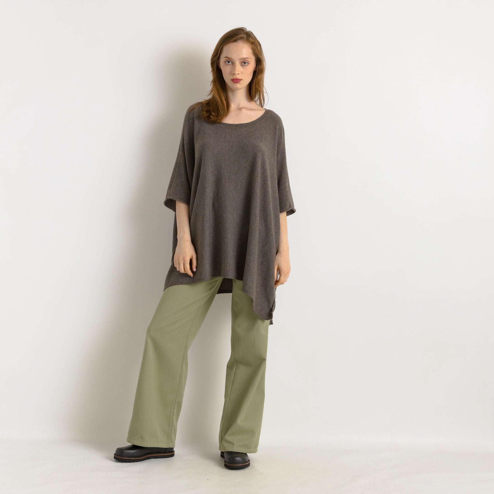 Brown Cashmere and Wool Woman Poncho Short Sleeved Jumper Top Womenswear