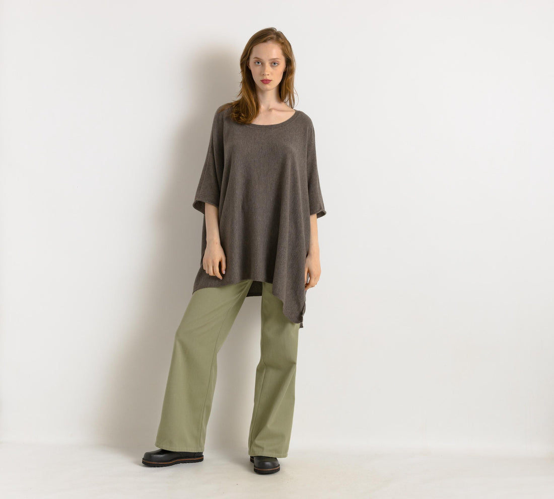 Brown Cashmere and Wool Woman Poncho Short Sleeved Jumper Top Womenswear