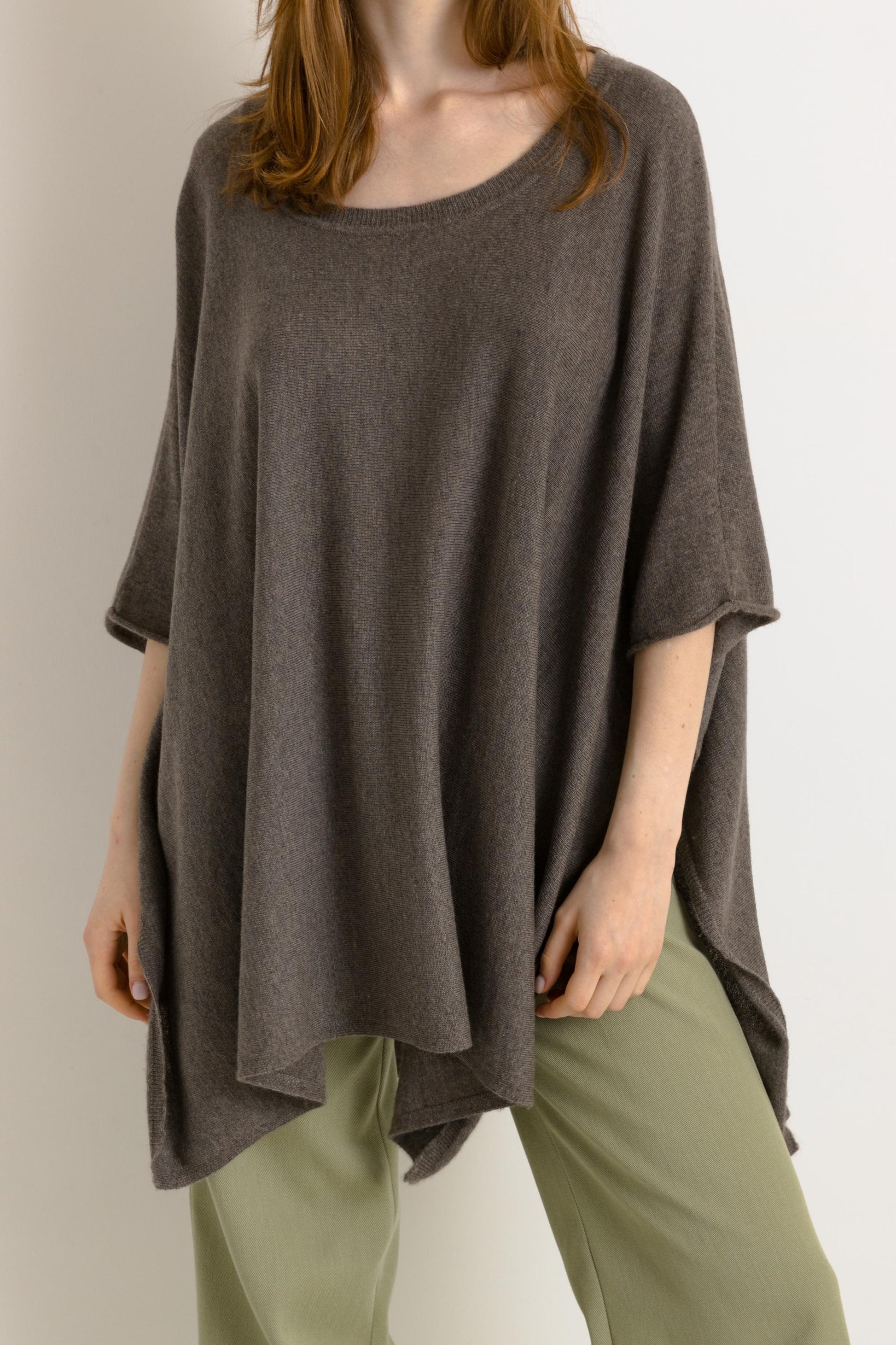 Brown Cashmere and Wool Woman Poncho Short Sleeved Jumper Top Womenswear