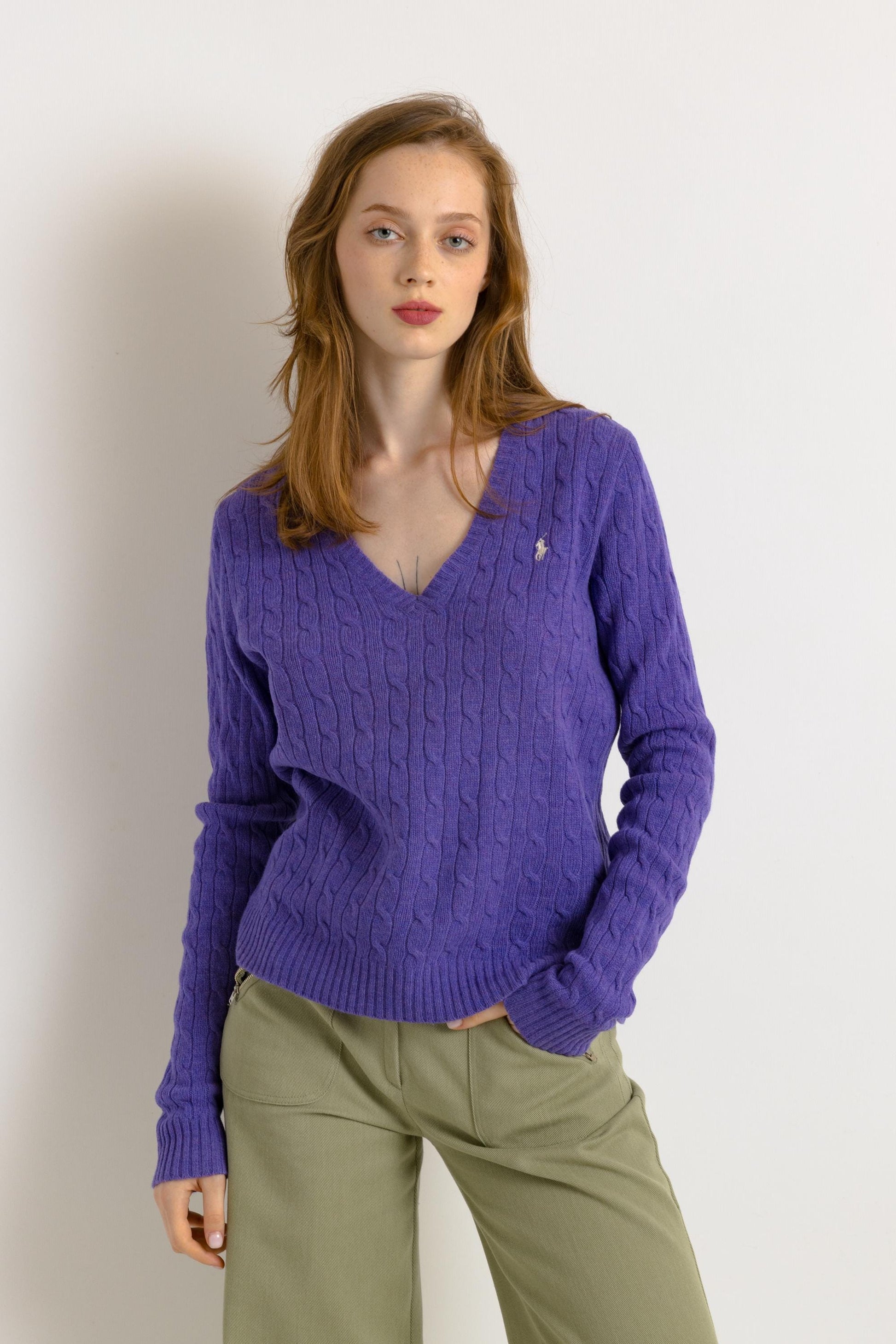 Ralph Lauren Sweater Purple Polo Sweater Knitted Wool Knit Pullover Jumper V Neck Plain Retro Basic Vintage 90s Womens Xlarge