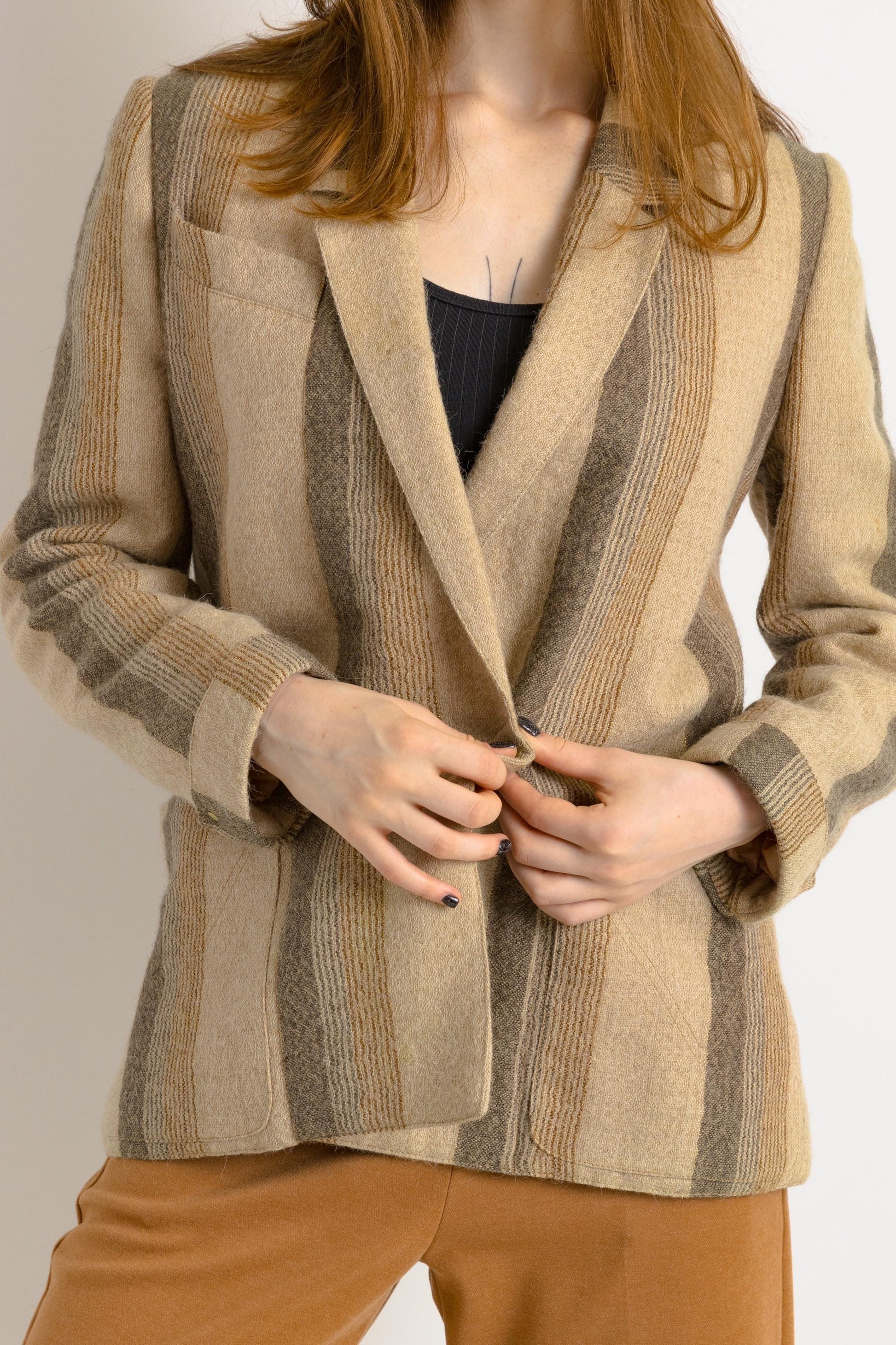 Striped Wool Jacket /Vintage 80's Button Wool Pocket Blazer - Size Small/ Vintage Woman Wool Blazer/ Woman Jacket 80s Vintage