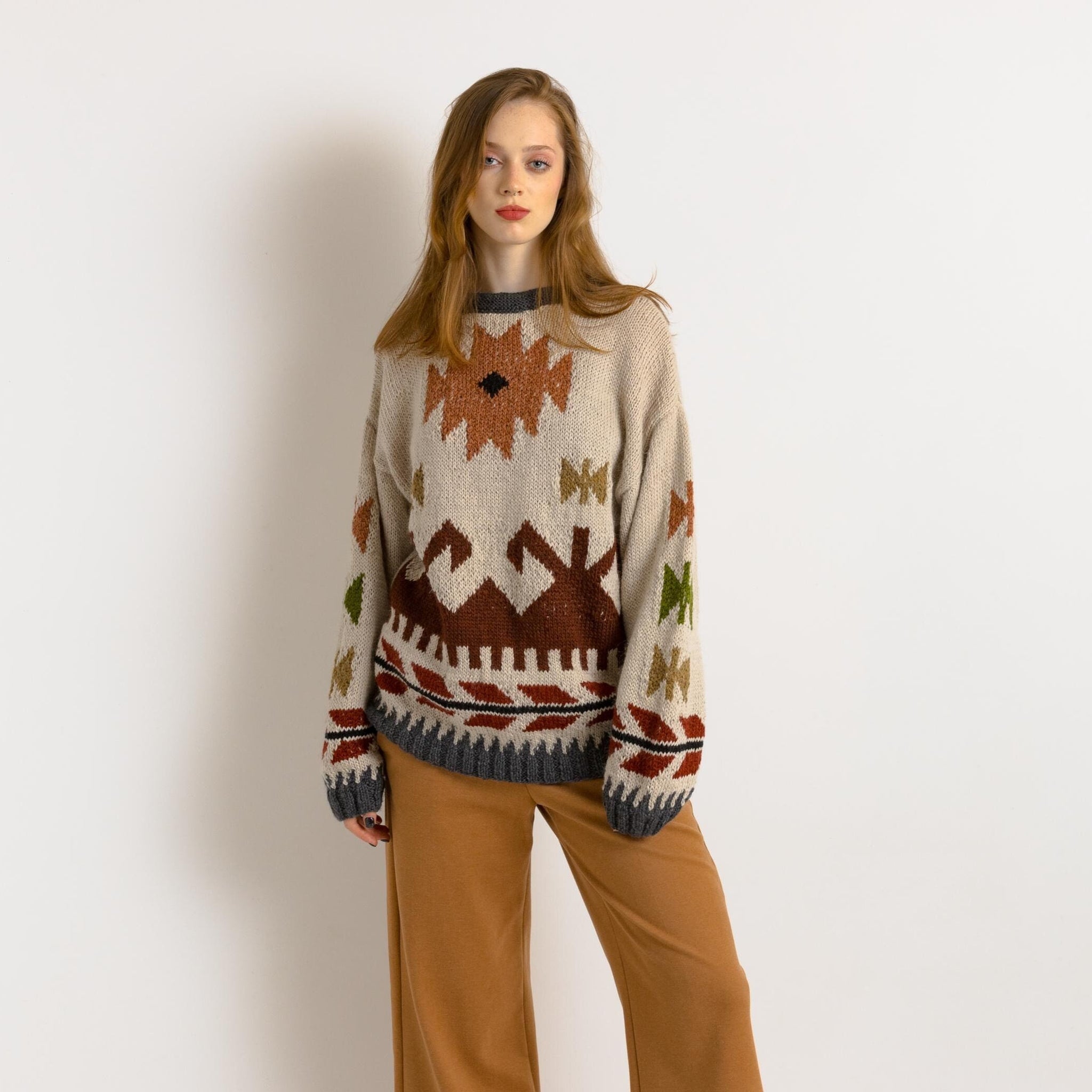 70s Vintage Knitted Abstract Pattern Knitwear Handknitted Abstract Ornament Wool Jumper Sweater