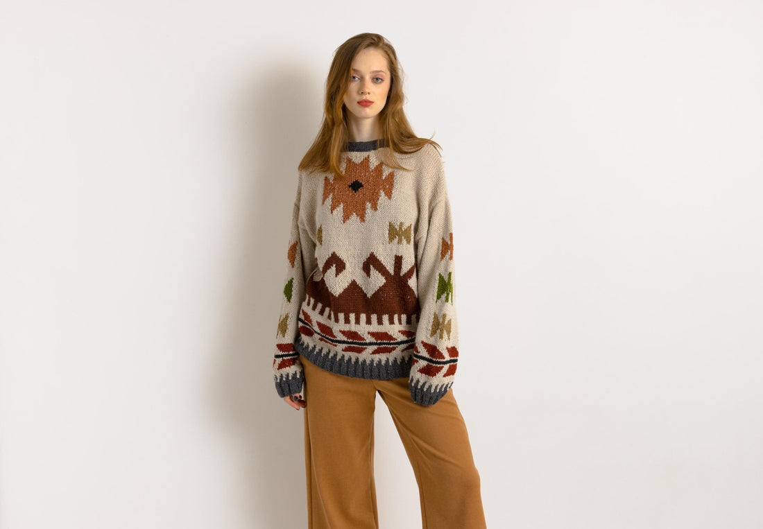 70s Vintage Knitted Abstract Pattern Knitwear Handknitted Abstract Ornament Wool Jumper Sweater