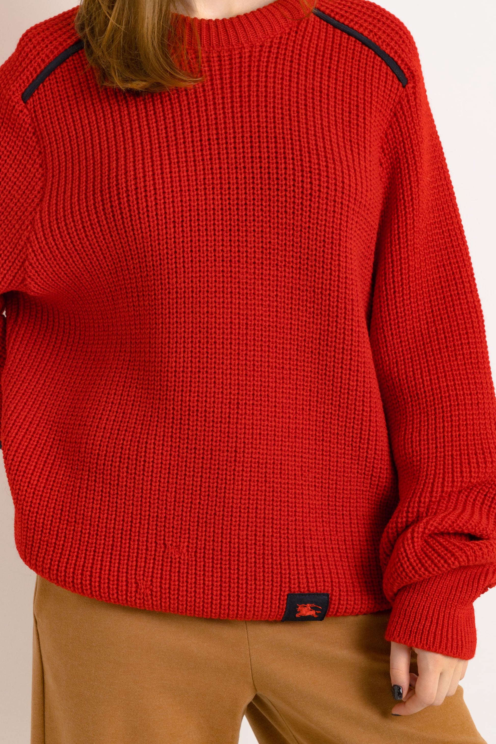 80s Vintage BURBERRYS made in England Knitwear Woolknit Red Ornament Wool Jumper Sweater size Large