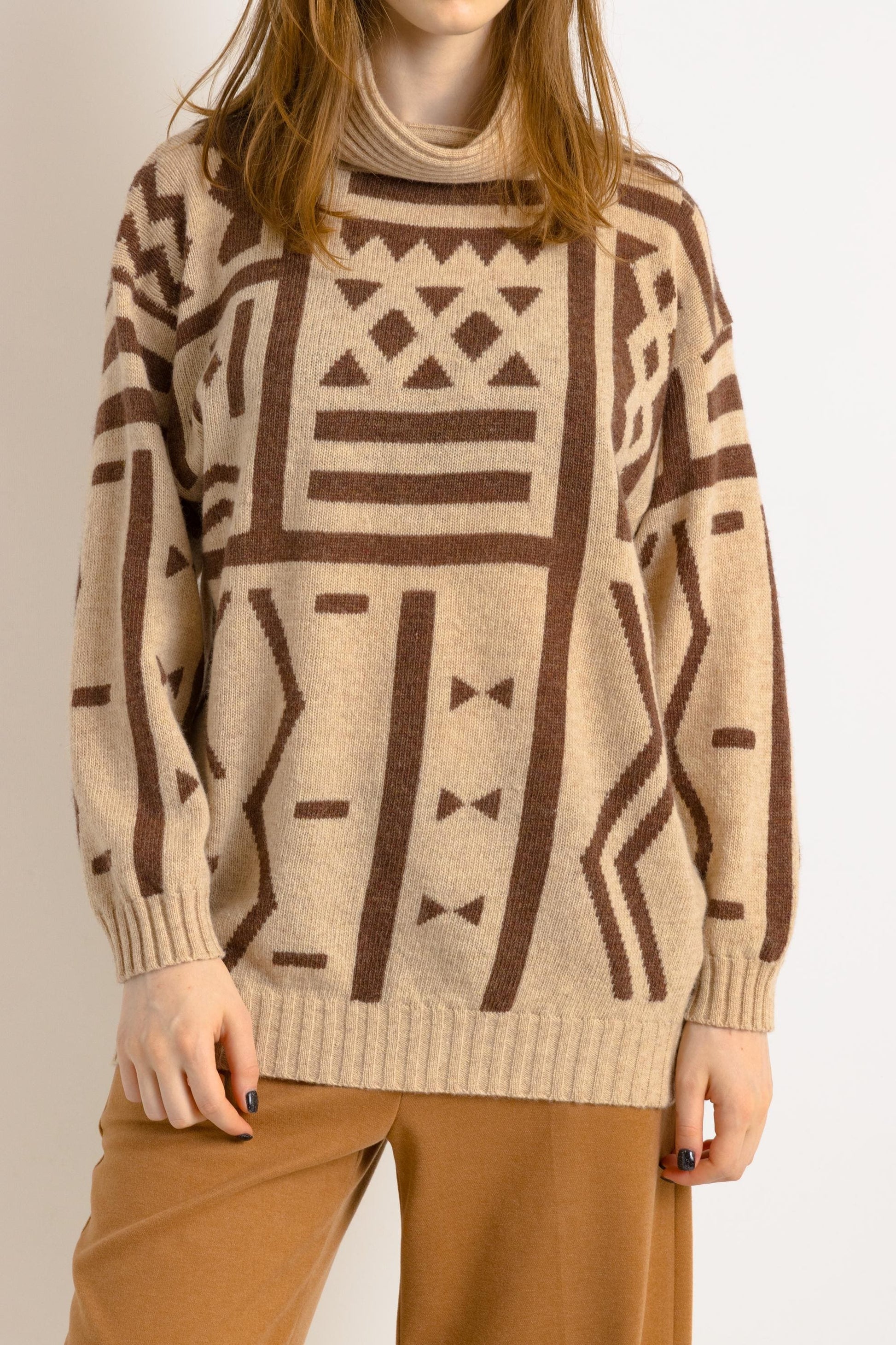 70s / 80s Italian pattern sweater, hipster beige and brown graphic pattern sweater, lambswool women's pullover, Small