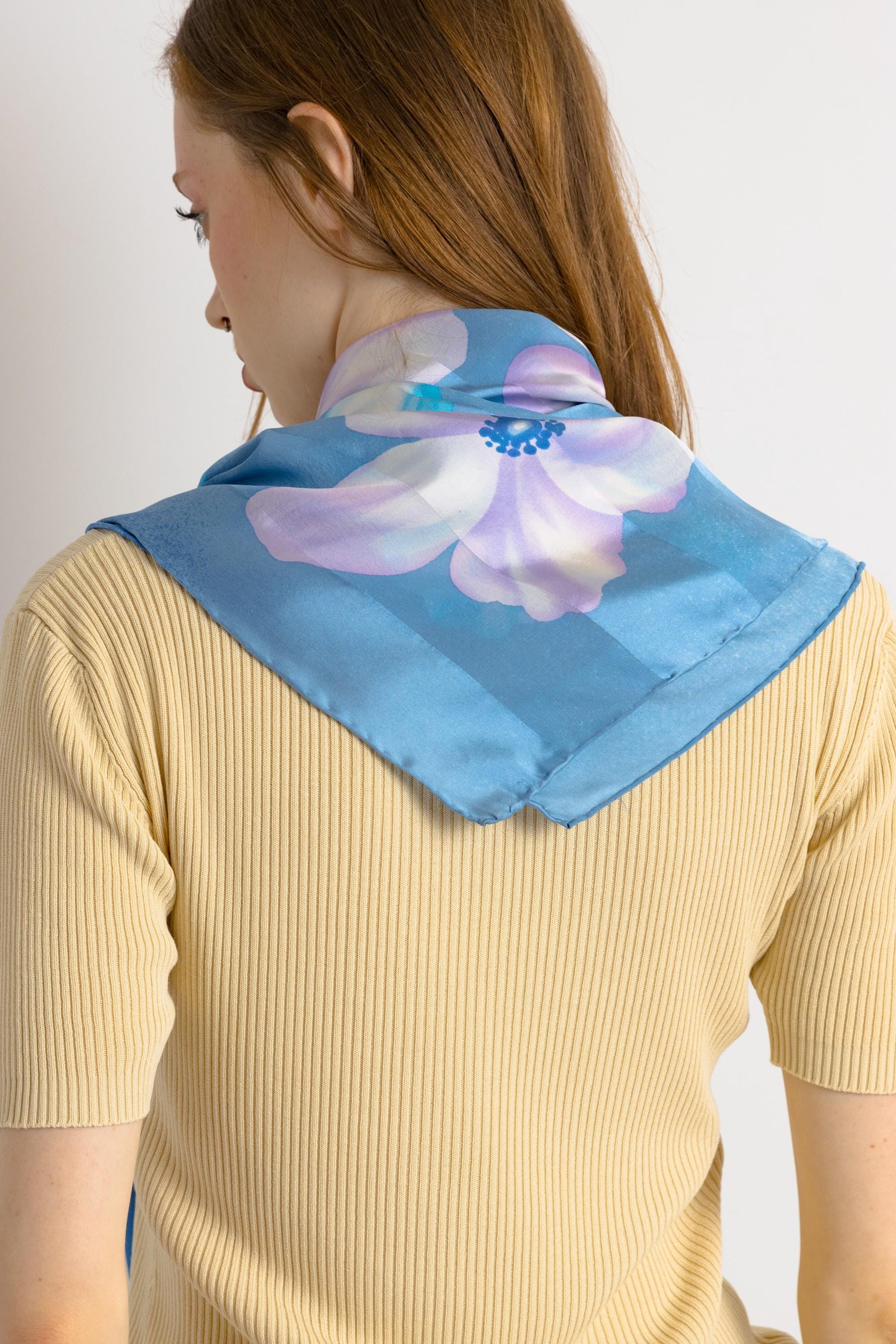 100% Silk Scarf Square Big Blue Florals Silk Bandana Pure Silk Neck Hair Scarf Silk All Season Gift