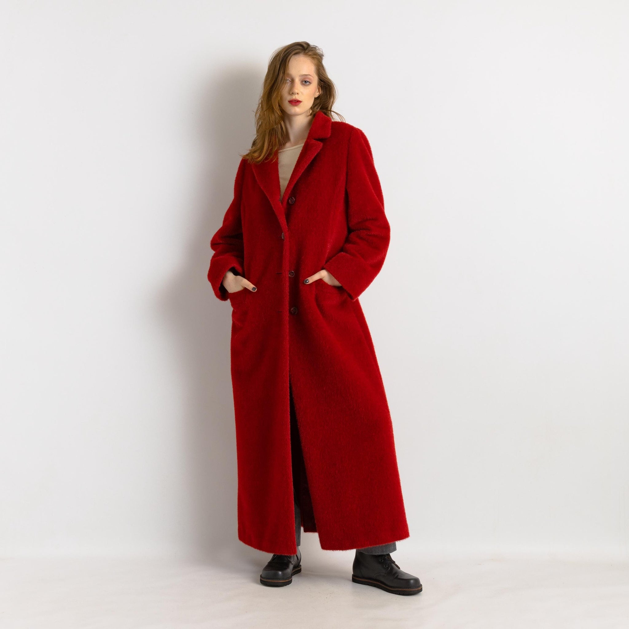 80s Women Red Woolmark Wool Coat women vintage 80s winter coat long trench coat outerwear maxi winter coat vintage clothing size Medium