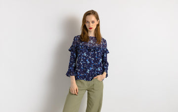 Preloved Woman Gorgeous CLAUDIE PIERLOT Blue Floral Pattern Print Blouse size 36 UK 8