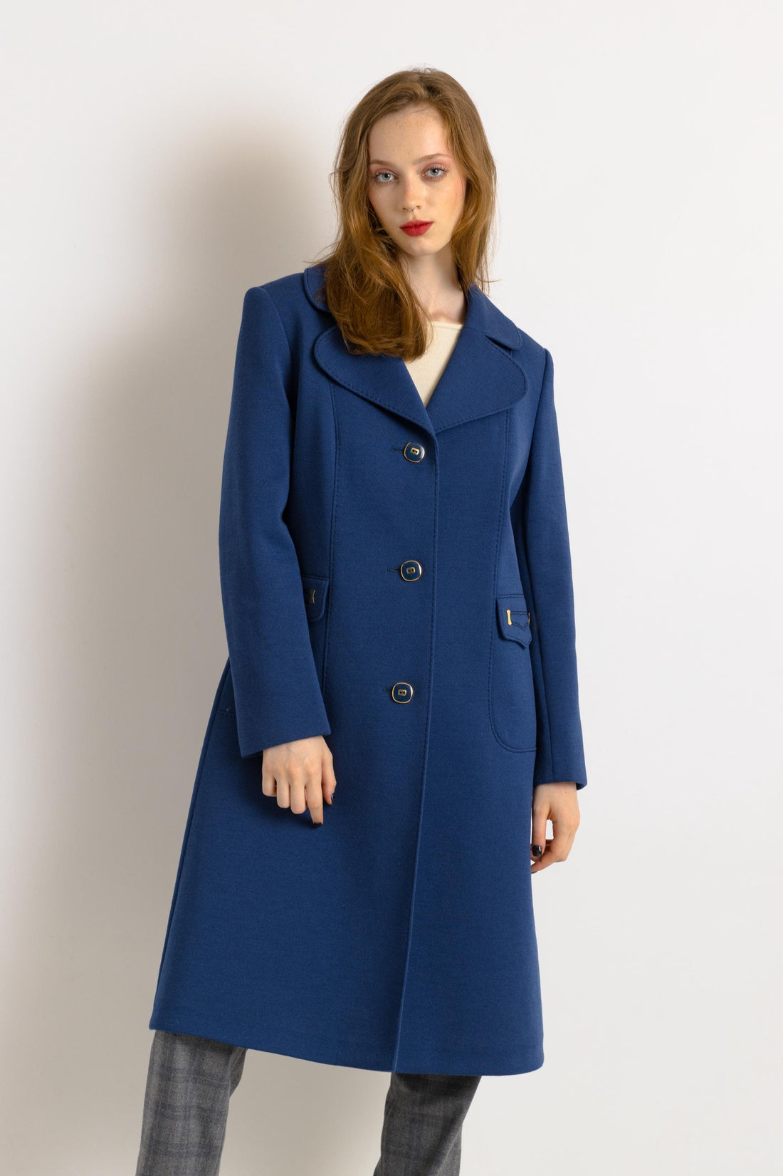 70s Vintage Vtg Rare Wool Woolmark Long Sleeve Austrian Blue Maxi Buttons Up Long Style Coat 2760 Girlfriend Gift