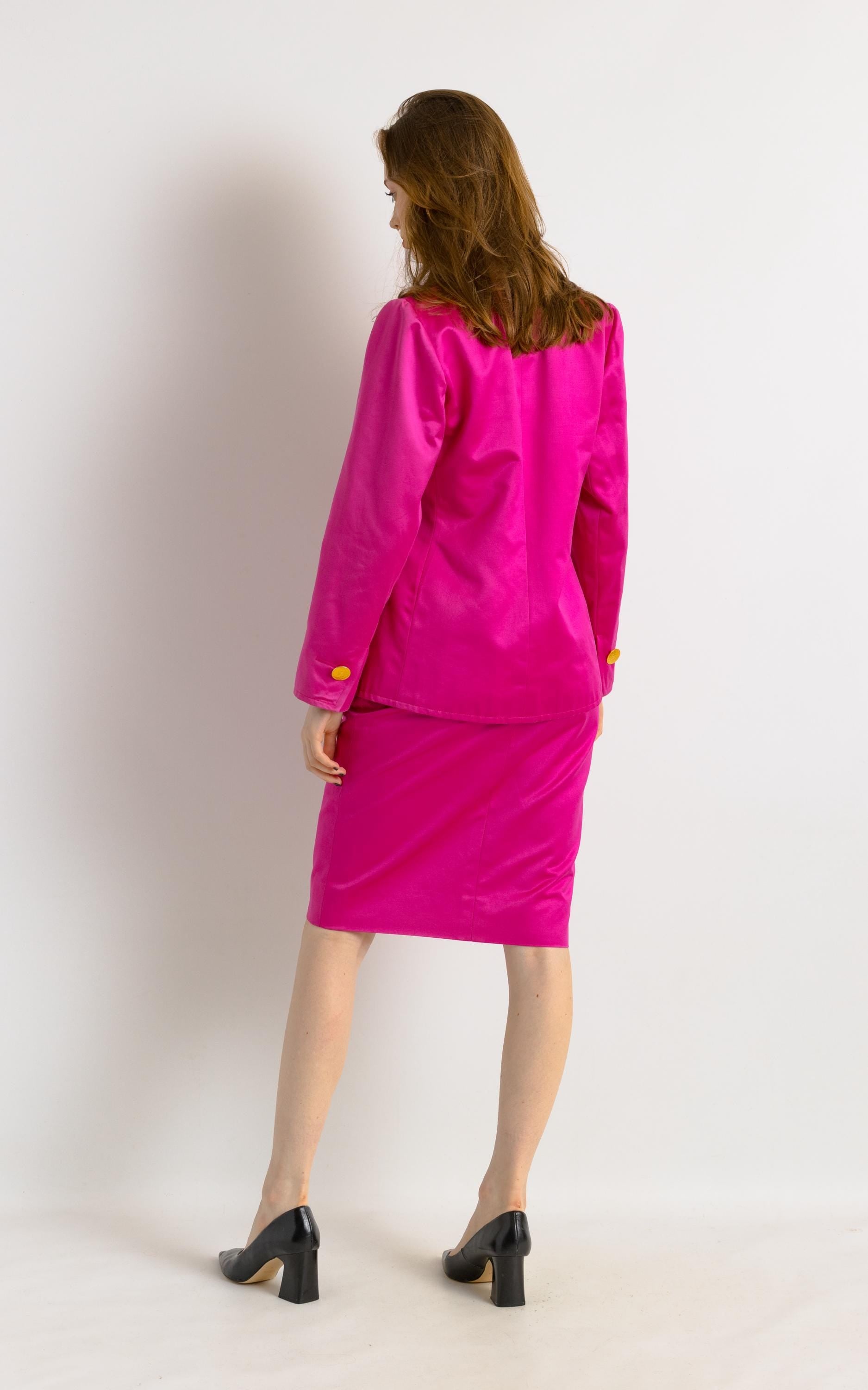 YVES SAINT LAURENT suit, 80s pink high waisted pencil skirt suit with buttons, elegant Ysl jacket and skirt set.